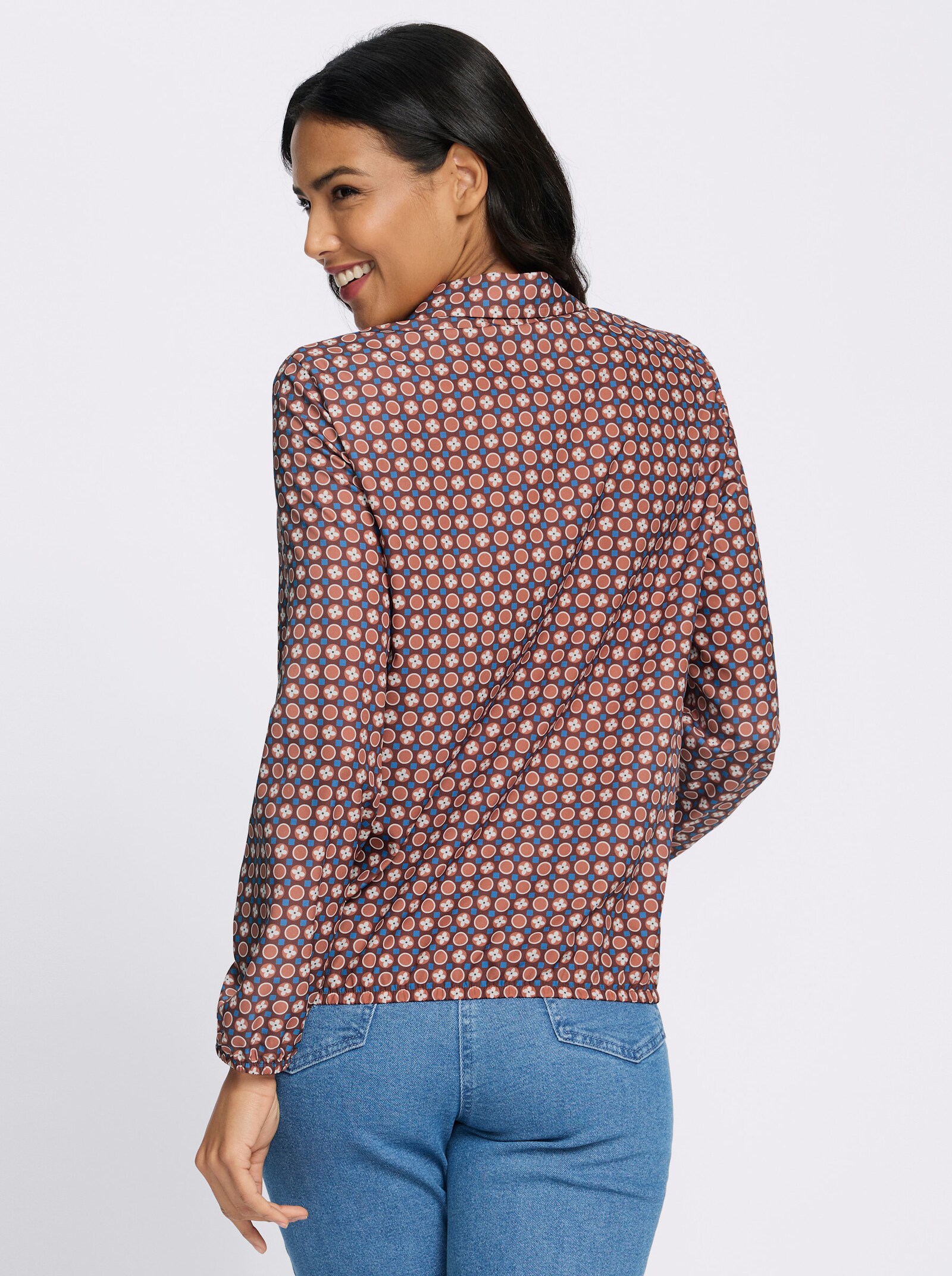 Schlupfbluse mit Gummibündchen - rotbraun-papaya-bedruckt