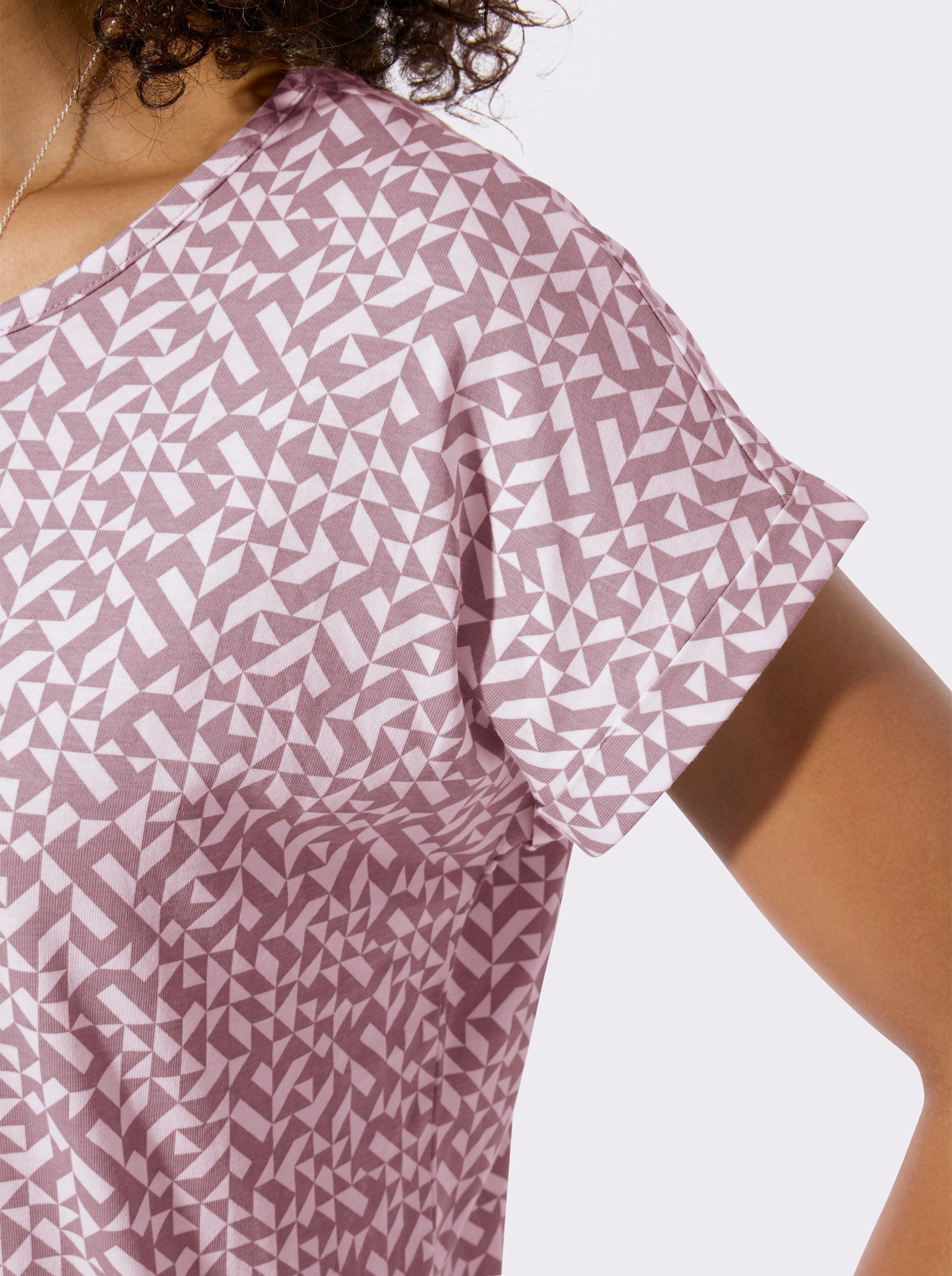 Print-Shirt mit paspeliertem Ausschnitt - mauve-ecru
