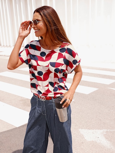 Print-Shirt mit fixiertem Ärmel-Umschlag - rot-marine-bedruckt