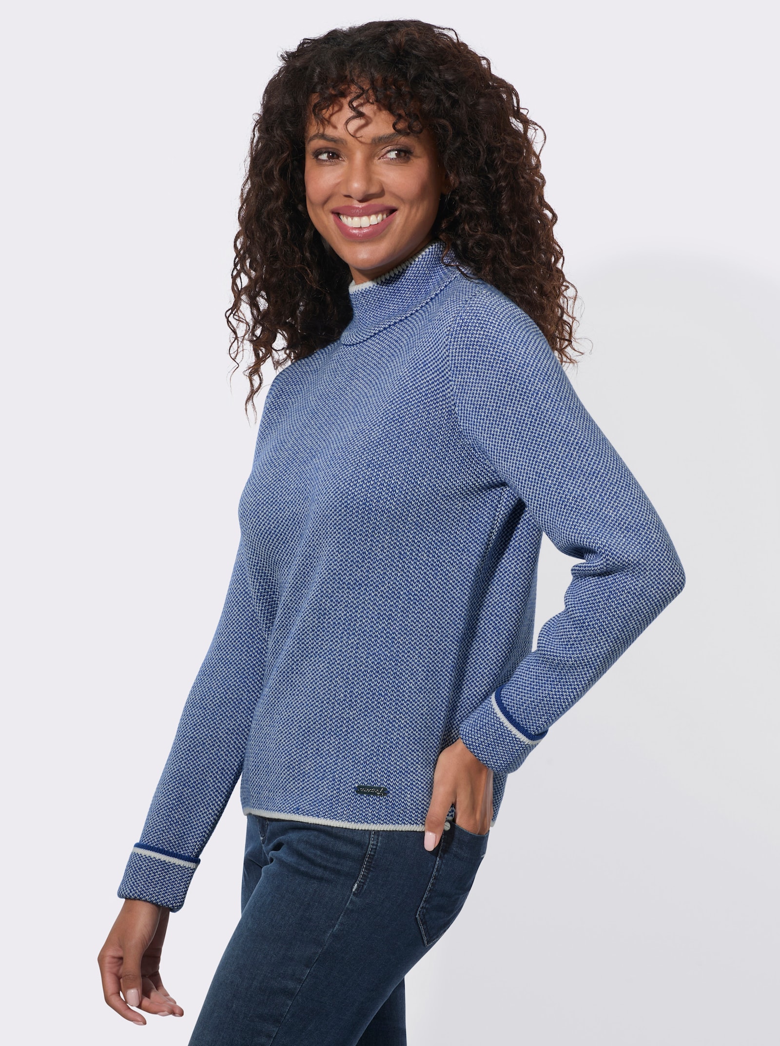 Stehkragenpullover mit Strickmuster - royalblau-ecru-meliert