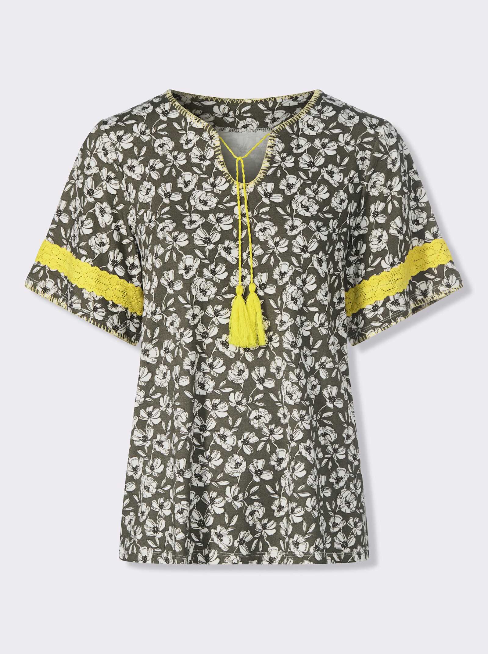 heine Tunikashirt mit Spitzen-Akzent - khaki-ecru-bedruckt