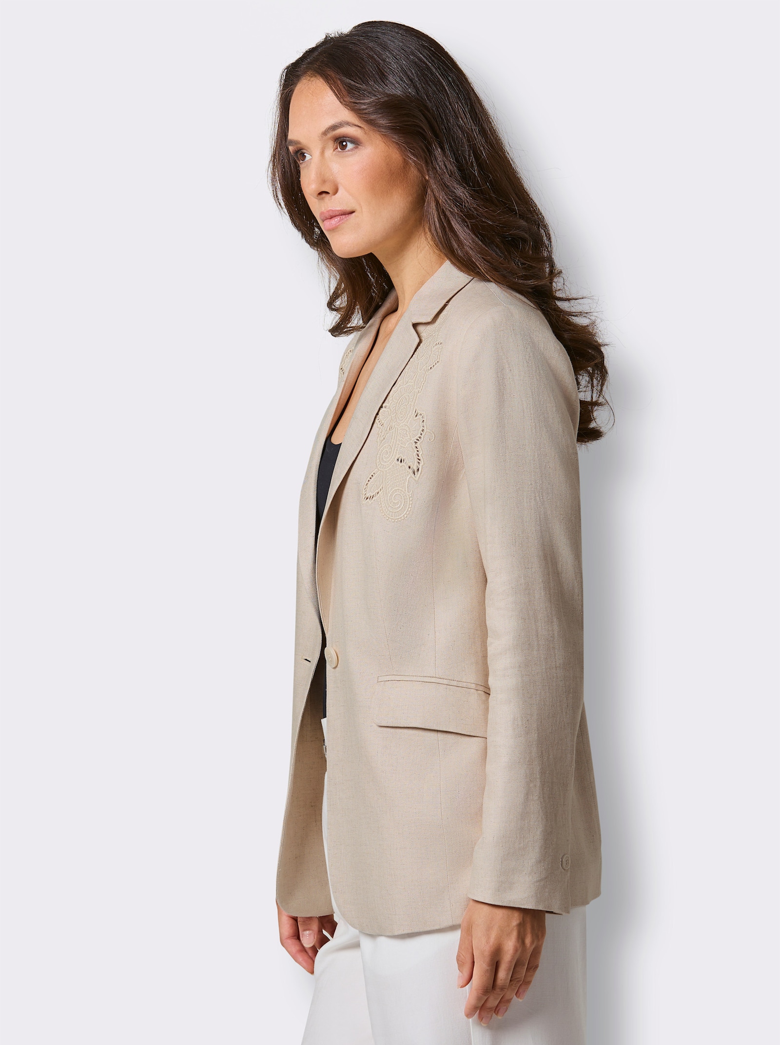 CREATION L PREMIUM Leinenblazer mit Stickerei - sand-meliert