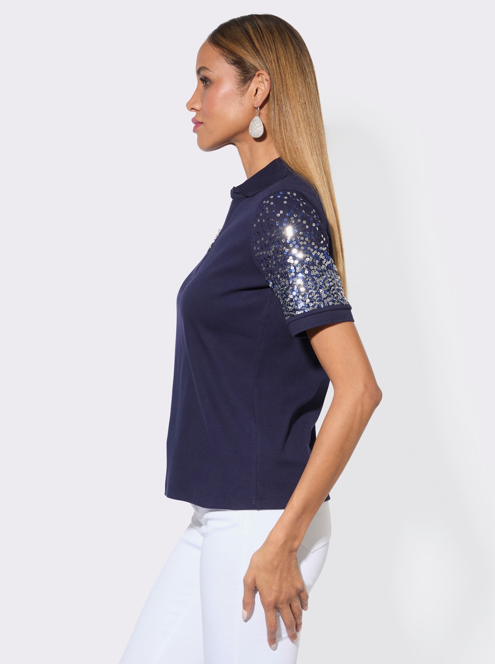 Poloshirt mit Pailletten-Dekor - marine