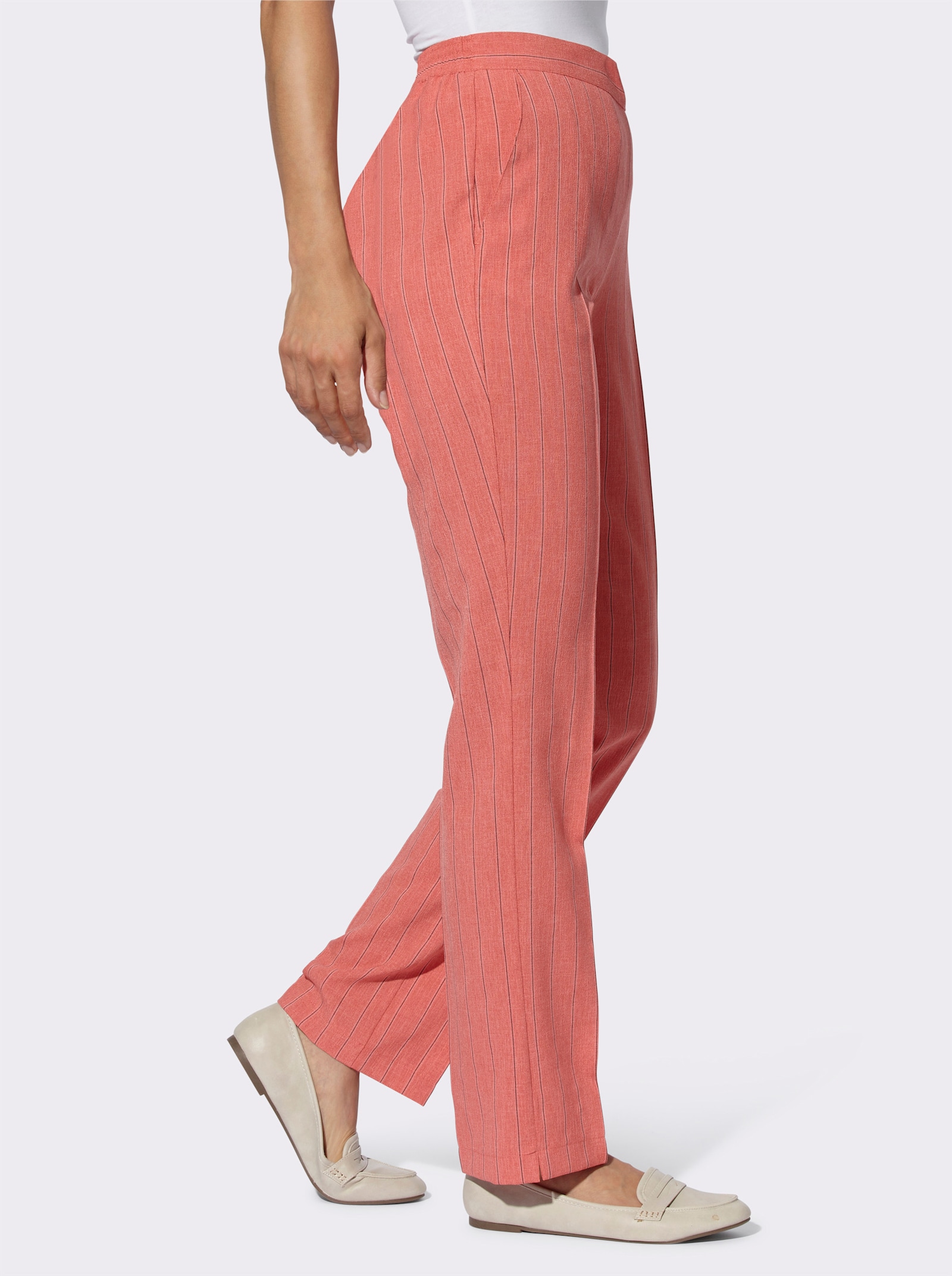 Comfortbroek met comfortband achter - grapefruit gemêleerd + grapefruit gestreept