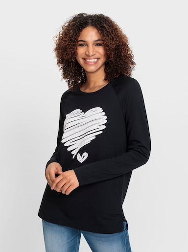Rundhalsshirt mit Herz-Print vorne - schwarz