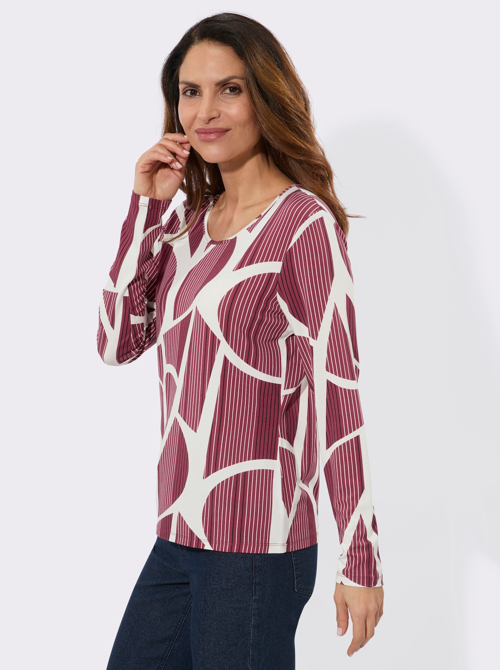 Rundhalsshirt mit Grafik-Muster - bordeaux-ecru-bedruckt