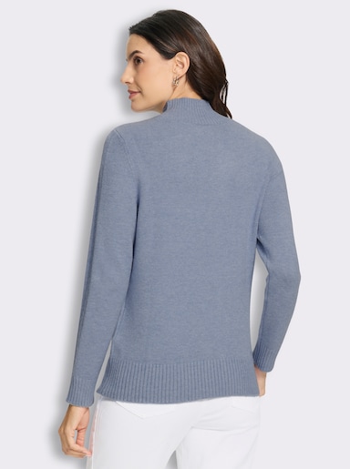 Stehkragenpullover mit Zopfmuster - rauchblau-meliert