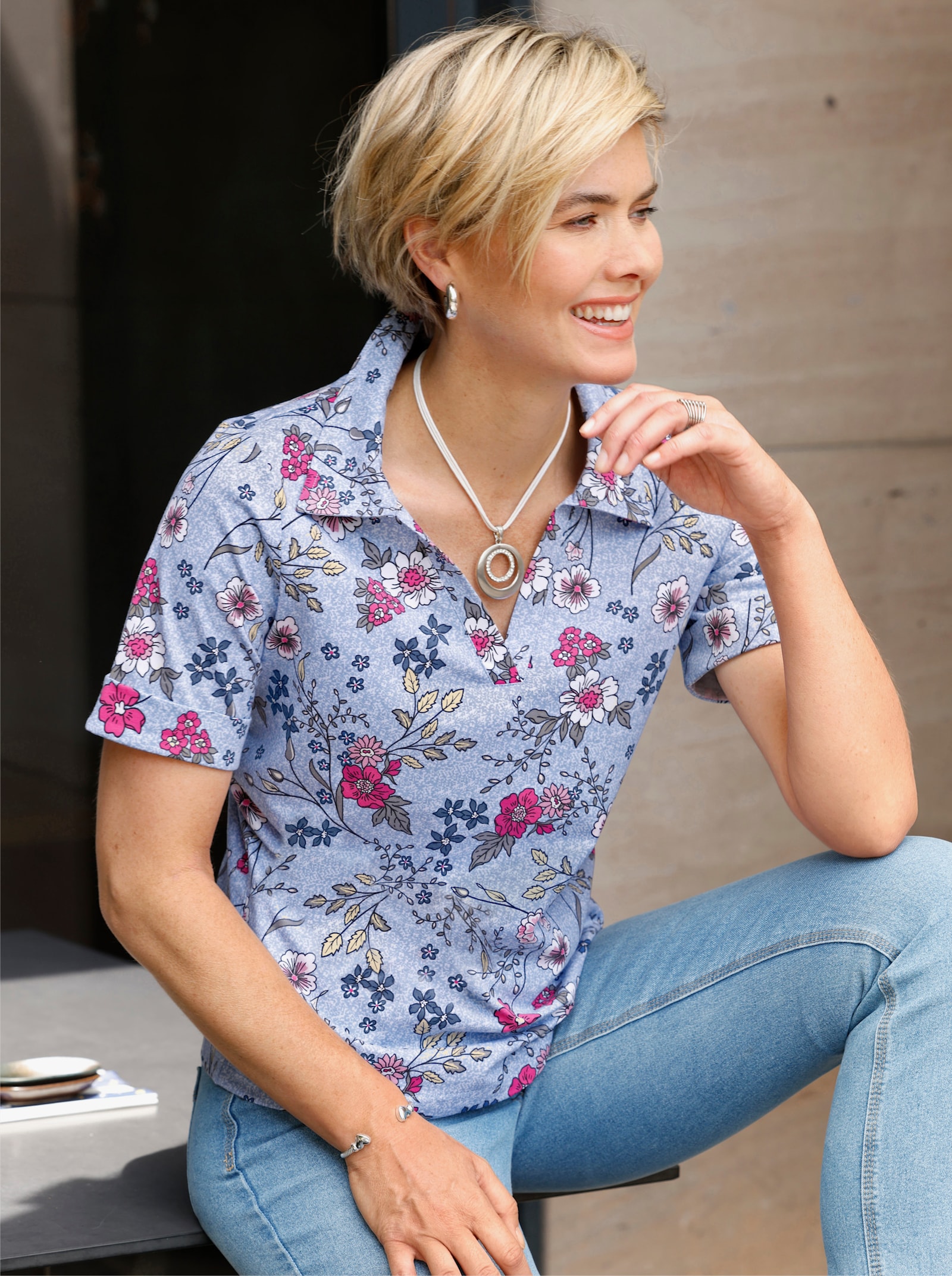 Polokošile s květinovým potiskem - modrá-fuchsiová-potisk