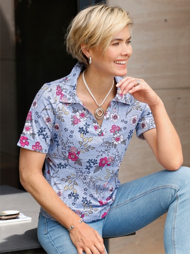 Poloshirt - bleu-fuchsia-bedruckt