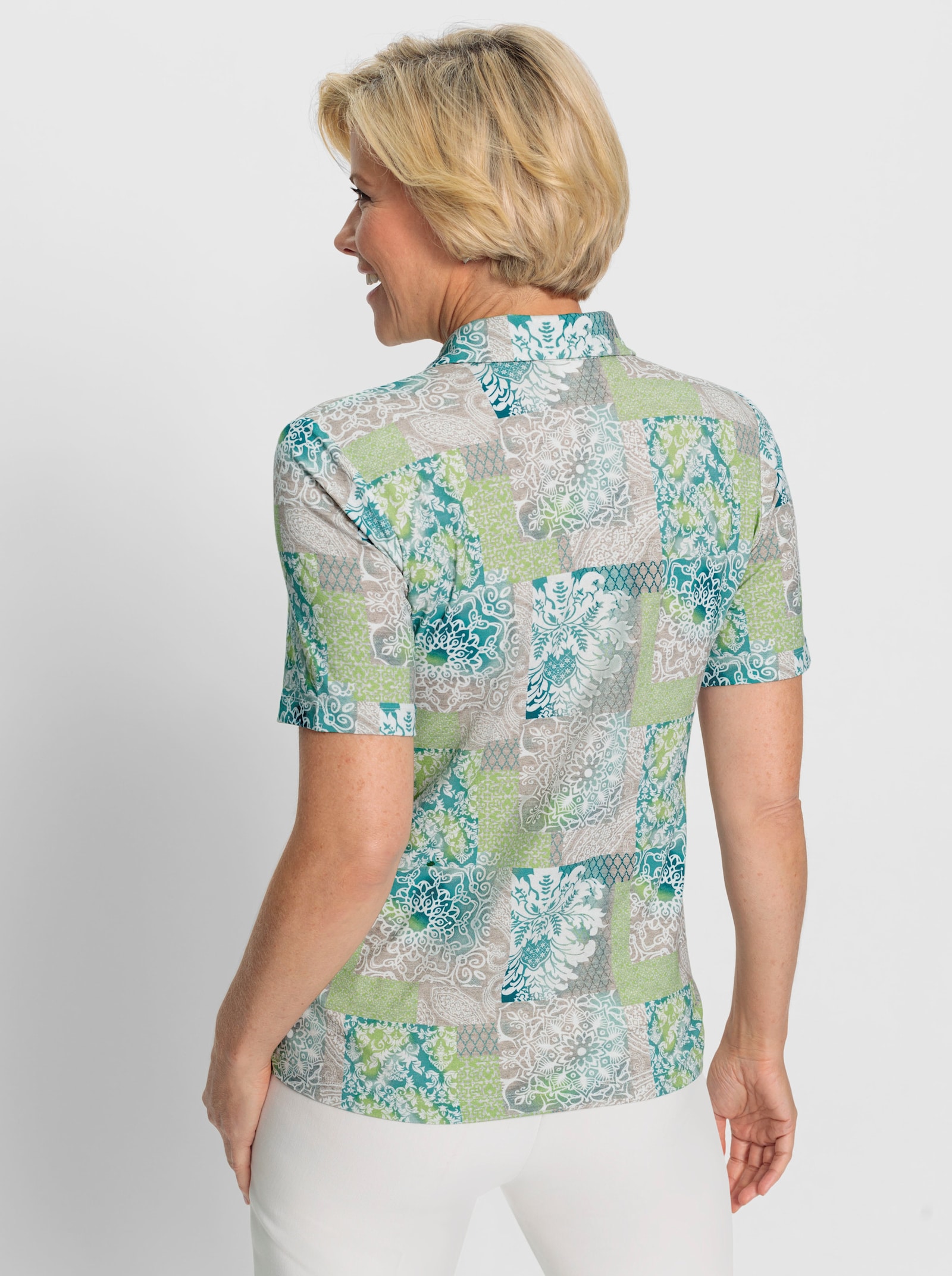 Poloshirt im Grafik-Dessin - kalkmint-hellgrau-bedruckt