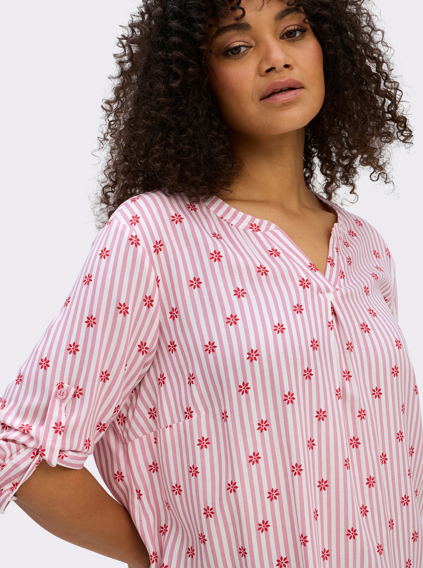 sheego Tunika im Mustermix aus Streifen und Blüten - altrosa-ecru-gestreift