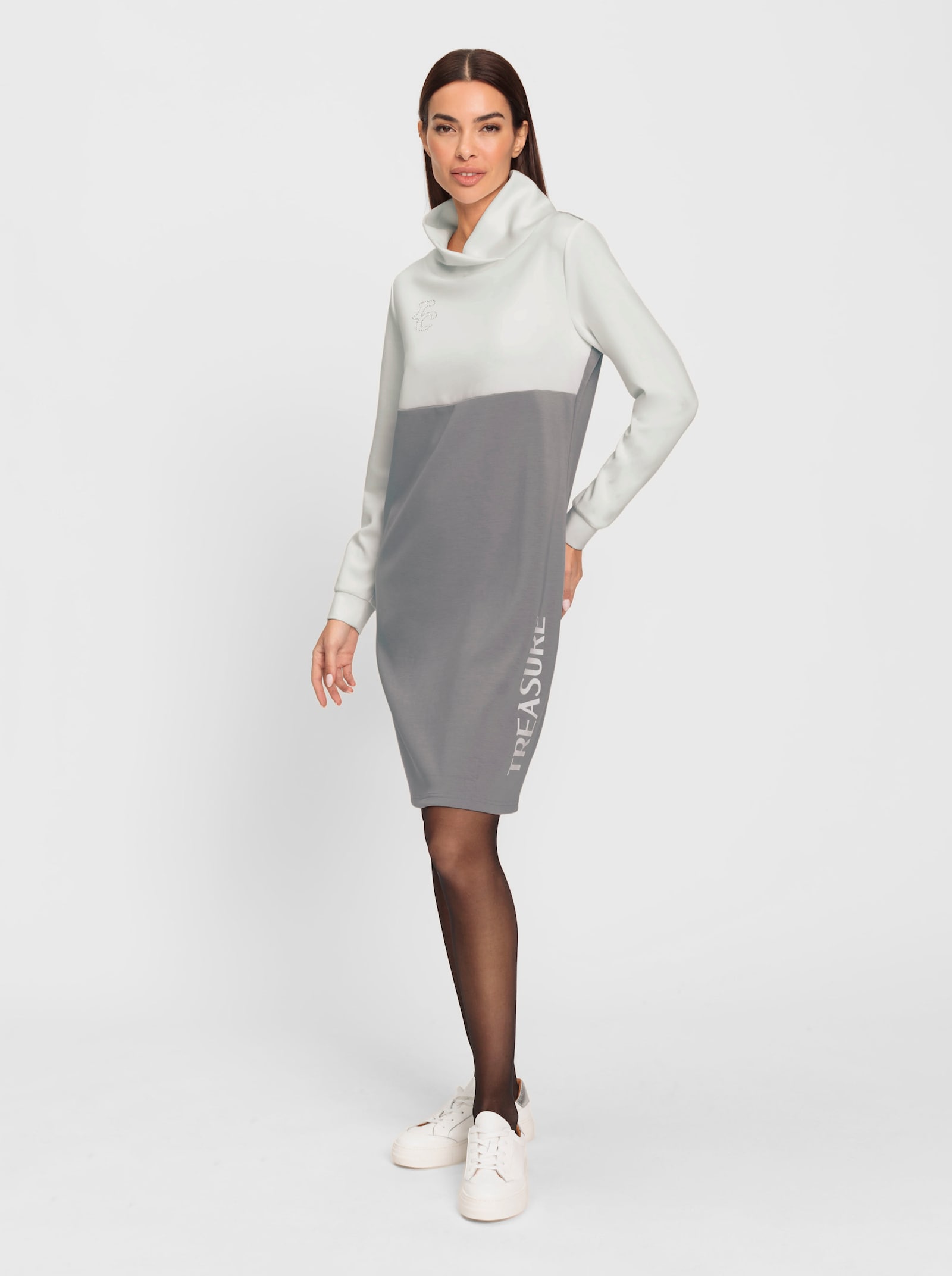 heine Freizeitkleid Mit Logo-Schriftzug - steingrau-ecru-bedruckt