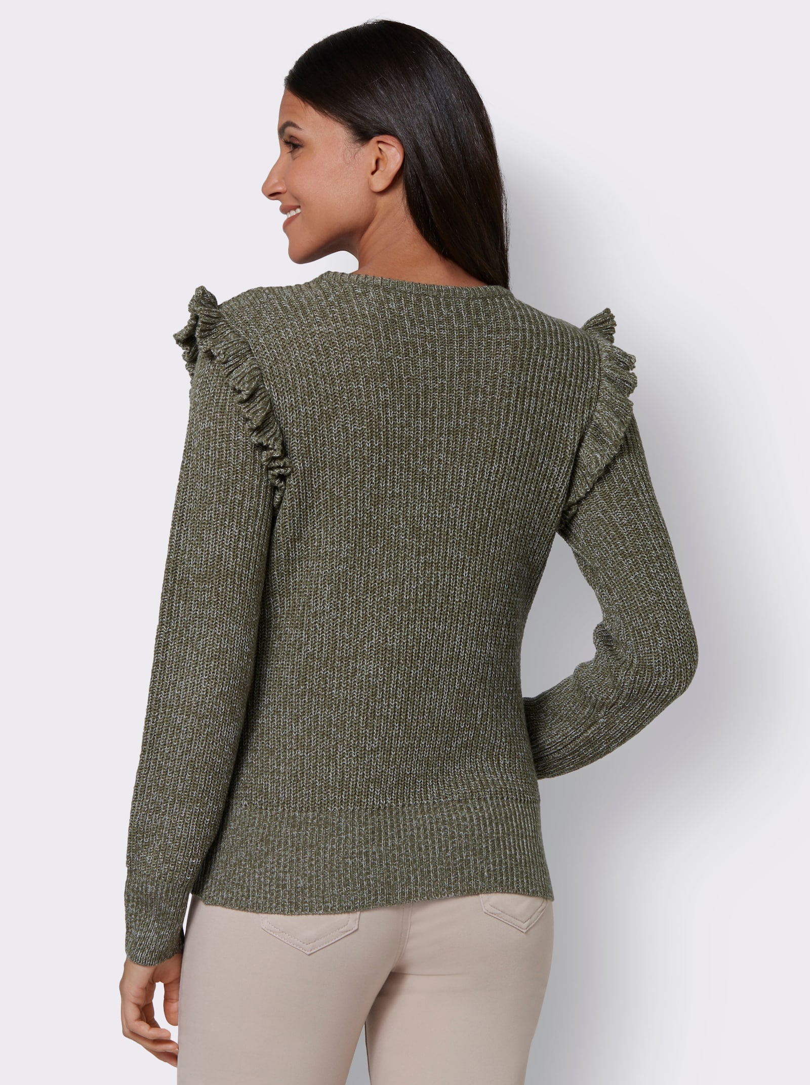 Rundhalspullover mit Rüschen an den Schultern - khaki-meliert