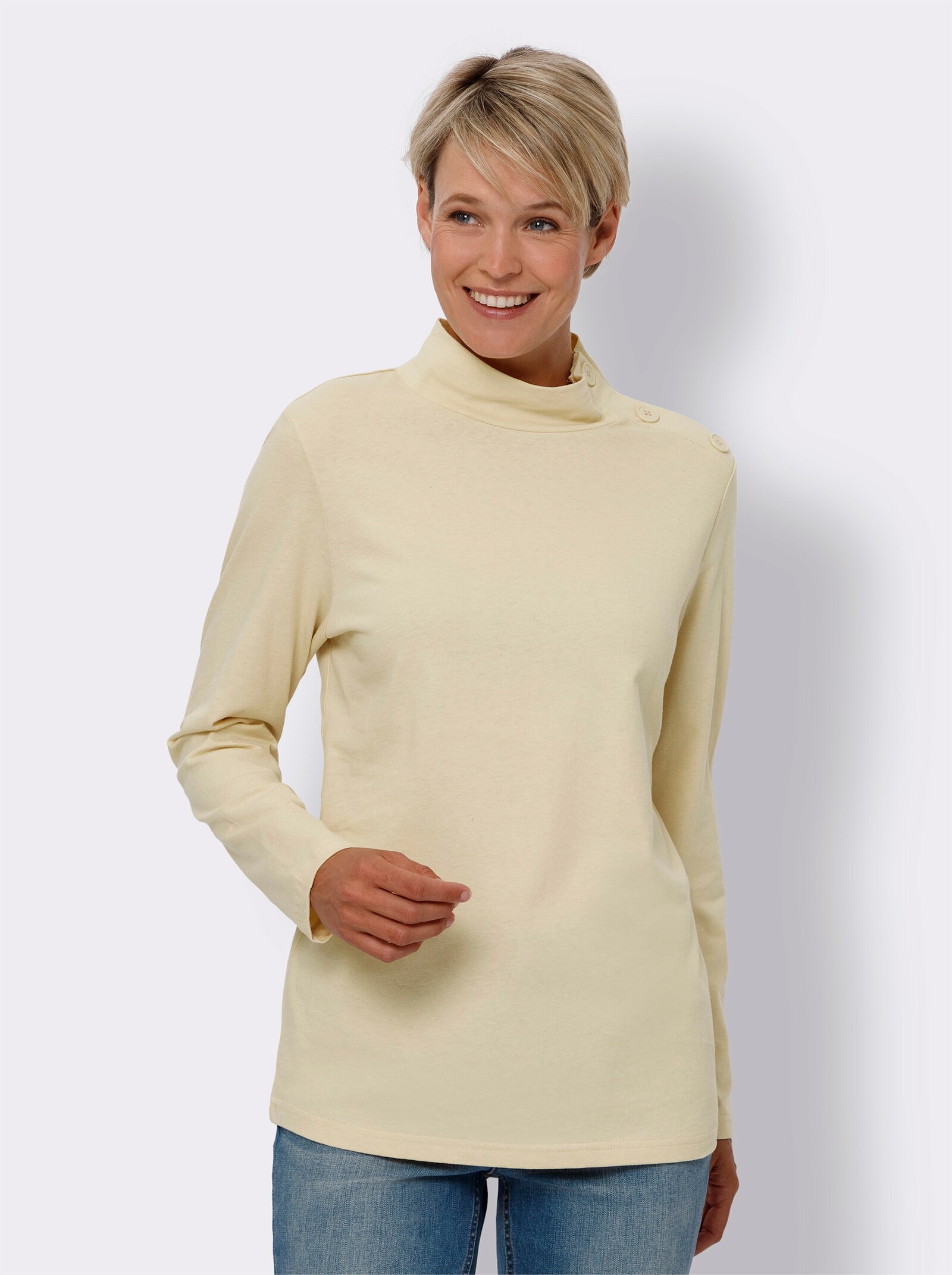 Tričko se stojáčkem a ozdobnými knoflíky na ramenou - písková