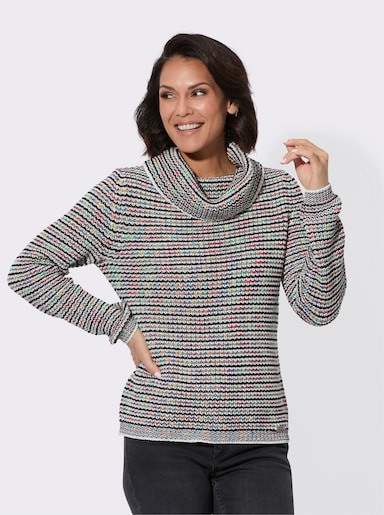 Rollkragenpullover mit Ripp-Abschlüssen, mehrfarbig - rot-ecru-gemustert