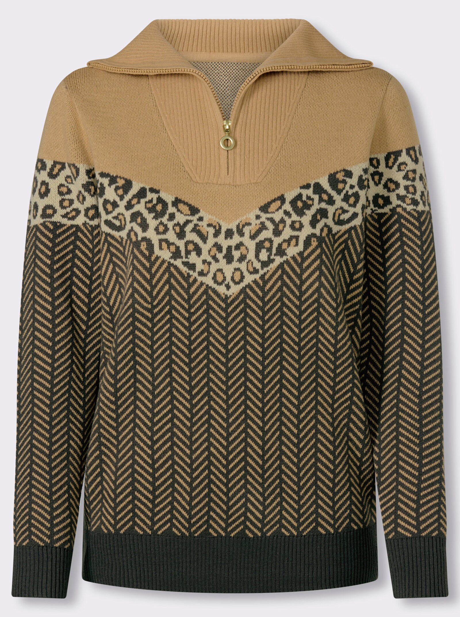 Troyer mit Kontrasten - camel-graphit-gemustert