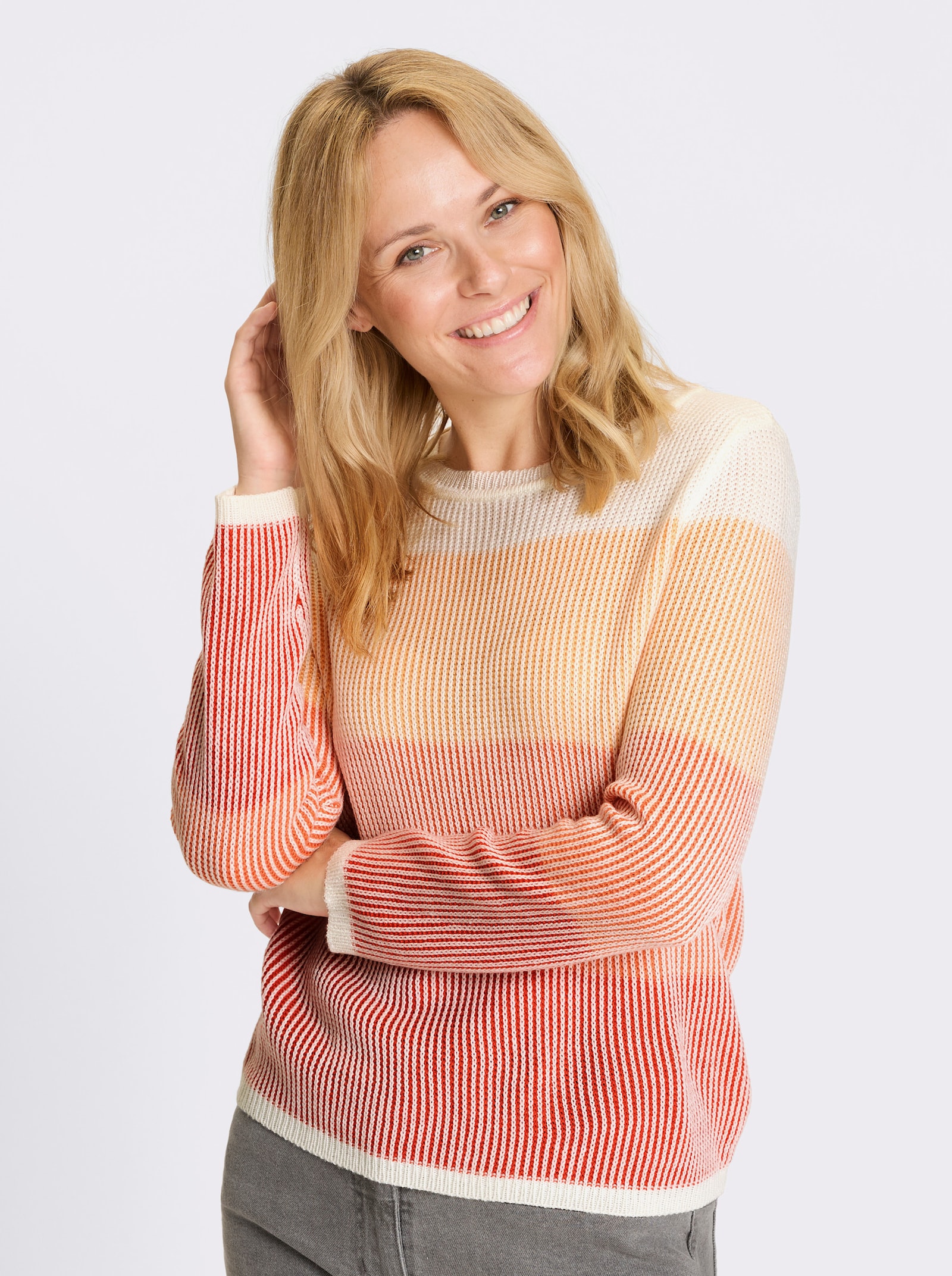 Rundhalspullover in Rippen-Optik - terra-papaya-gemustert