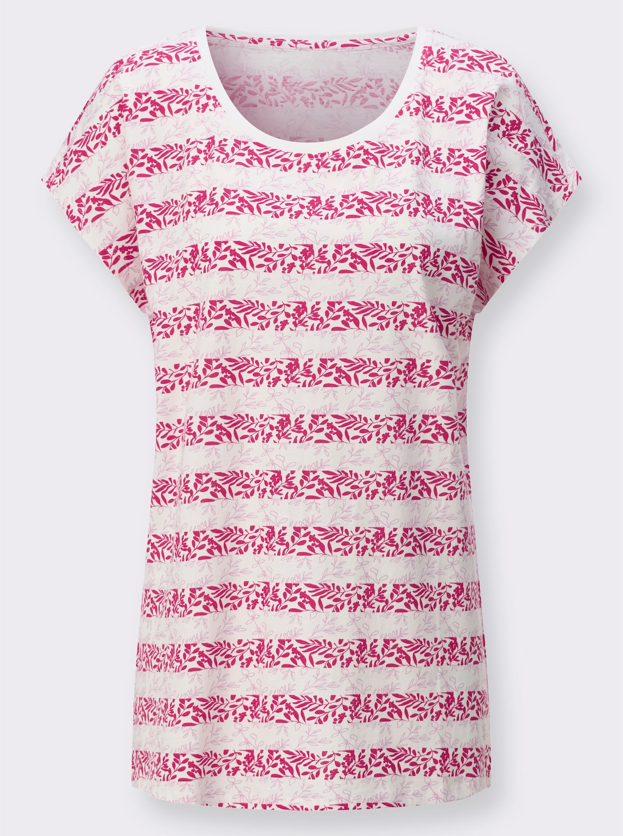 Kurzarmshirt mit floralem Streifendruck - ecru-pink-bedruckt