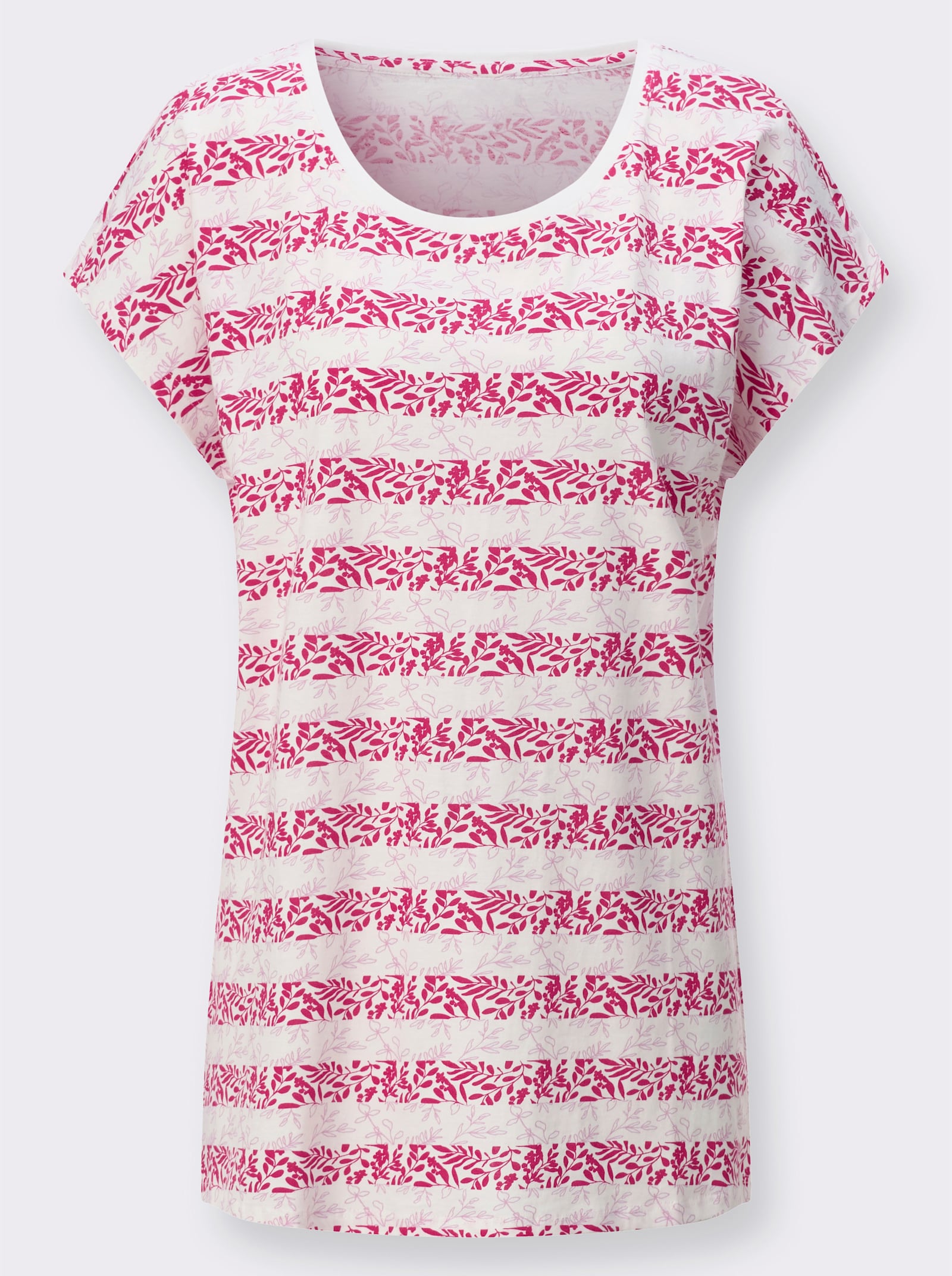 Kurzarmshirt mit floralem Streifendruck - ecru-pink-bedruckt