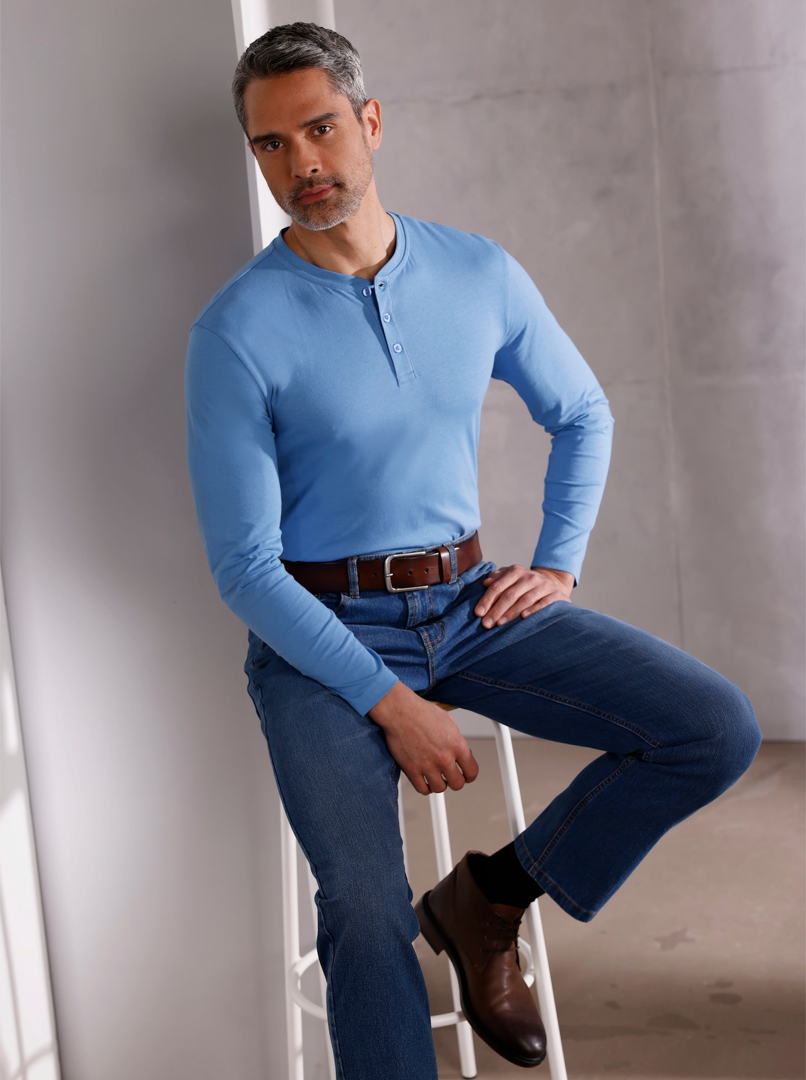 Tričko s dlouhým rukávem a knoflíkovou lištou - střední modrá