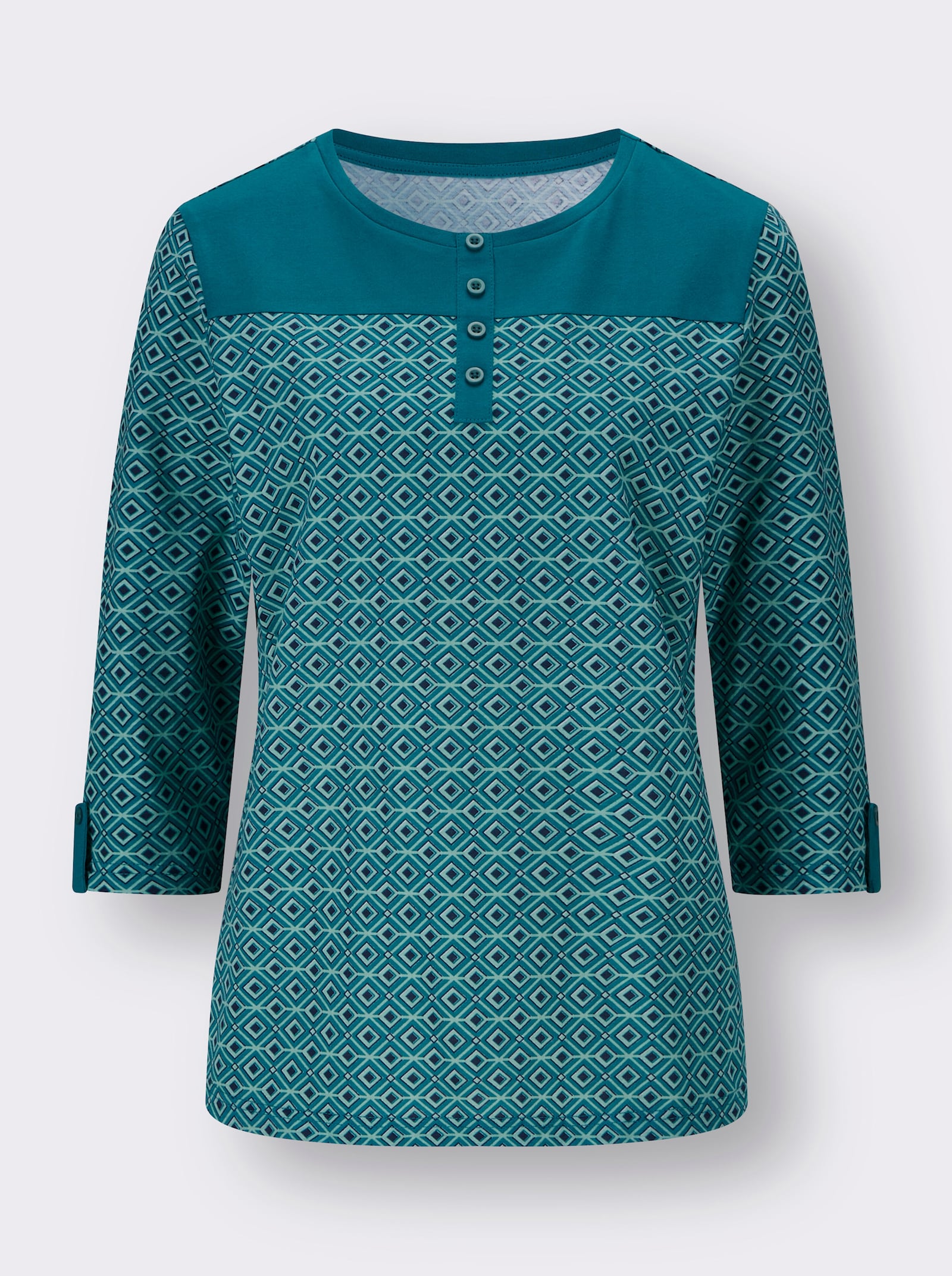 Tričko s 3/4 rukávem a jednobarevným sedlem - světlá petrolejová-šalvějová-potisk