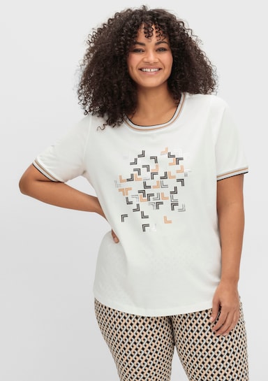 Rundhalsshirt mit Glanz- und Glitzer-Akzenten - ecru-bedruckt