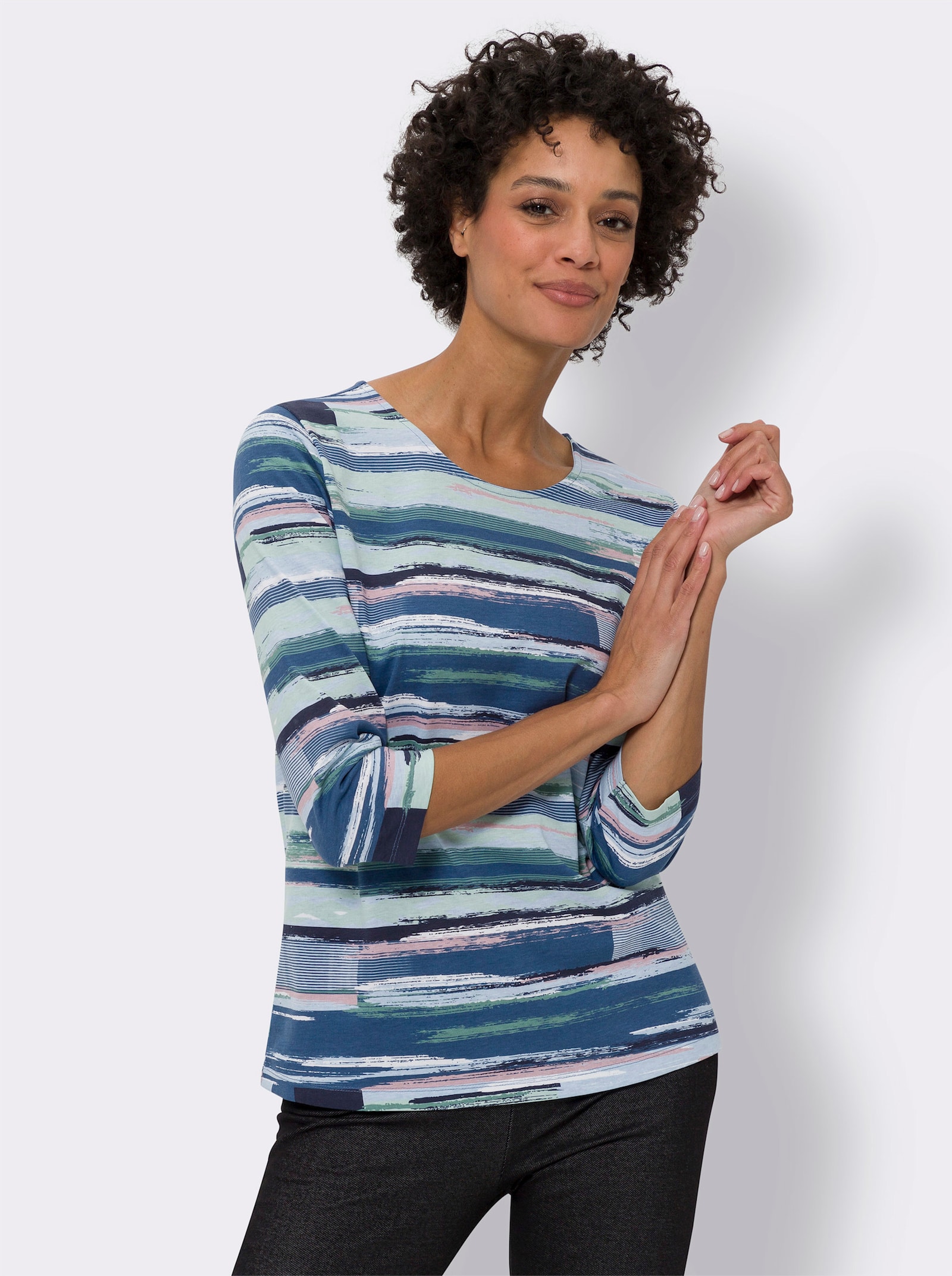 3/4-Arm-Shirt im Streifendessin - jeansblau-kalkmint-bedruckt