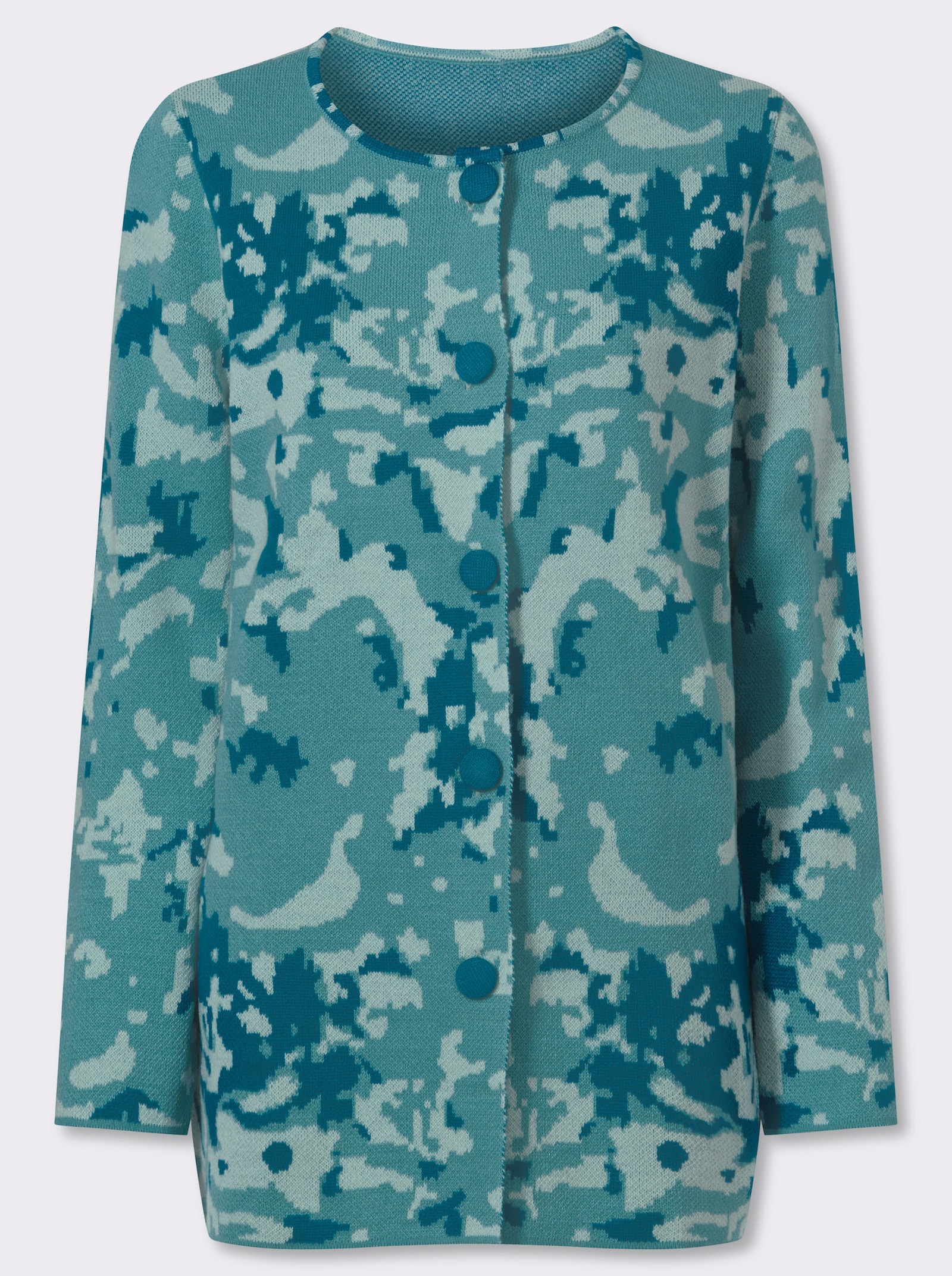 Jacquardstrickjacke in längerer Form - mint-aquapetrol-gemustert