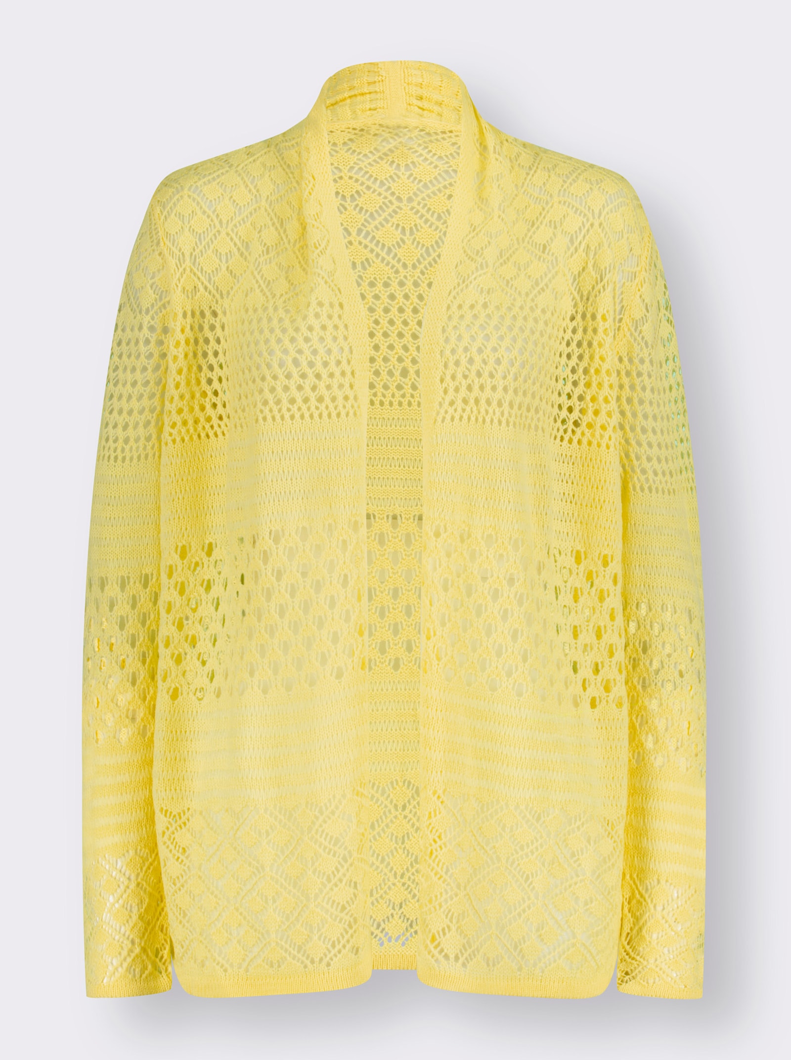 Hålstickad kofta i lång, öppen modell - citron