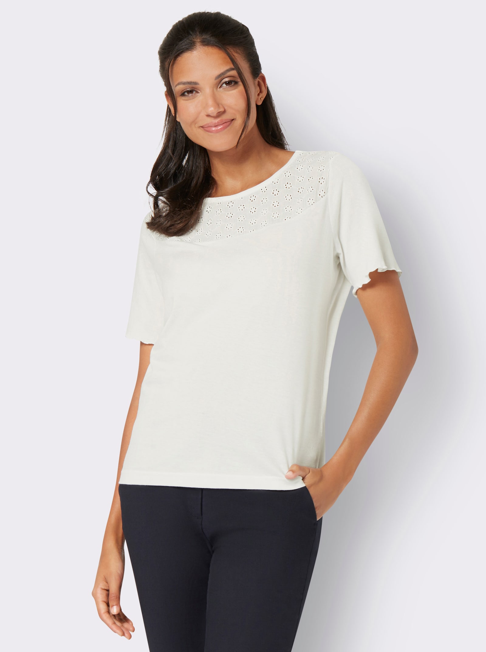 Shirt met korte mouwen en inzet met ajourwerk - ecru