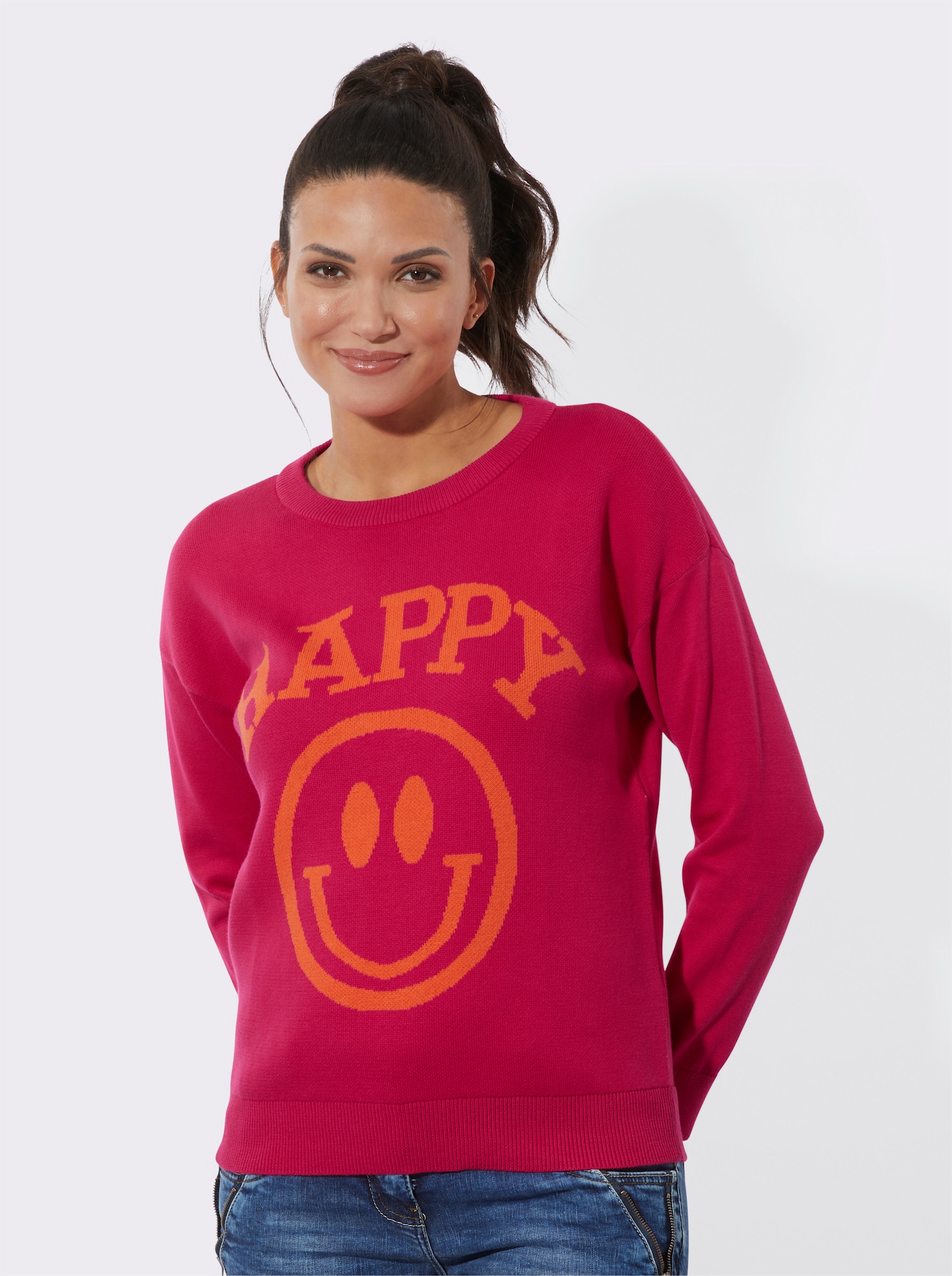 Langarm-Pullover mit Smiley-Print - pink-orange