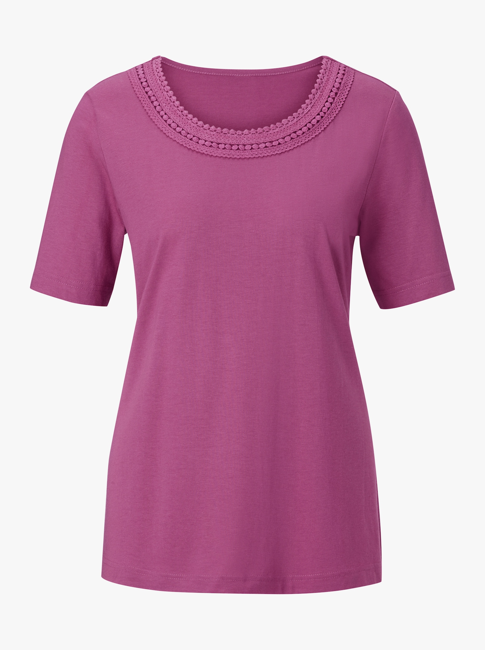 Rundhalsshirt mit Spitzen-Verzierung - fuchsia
