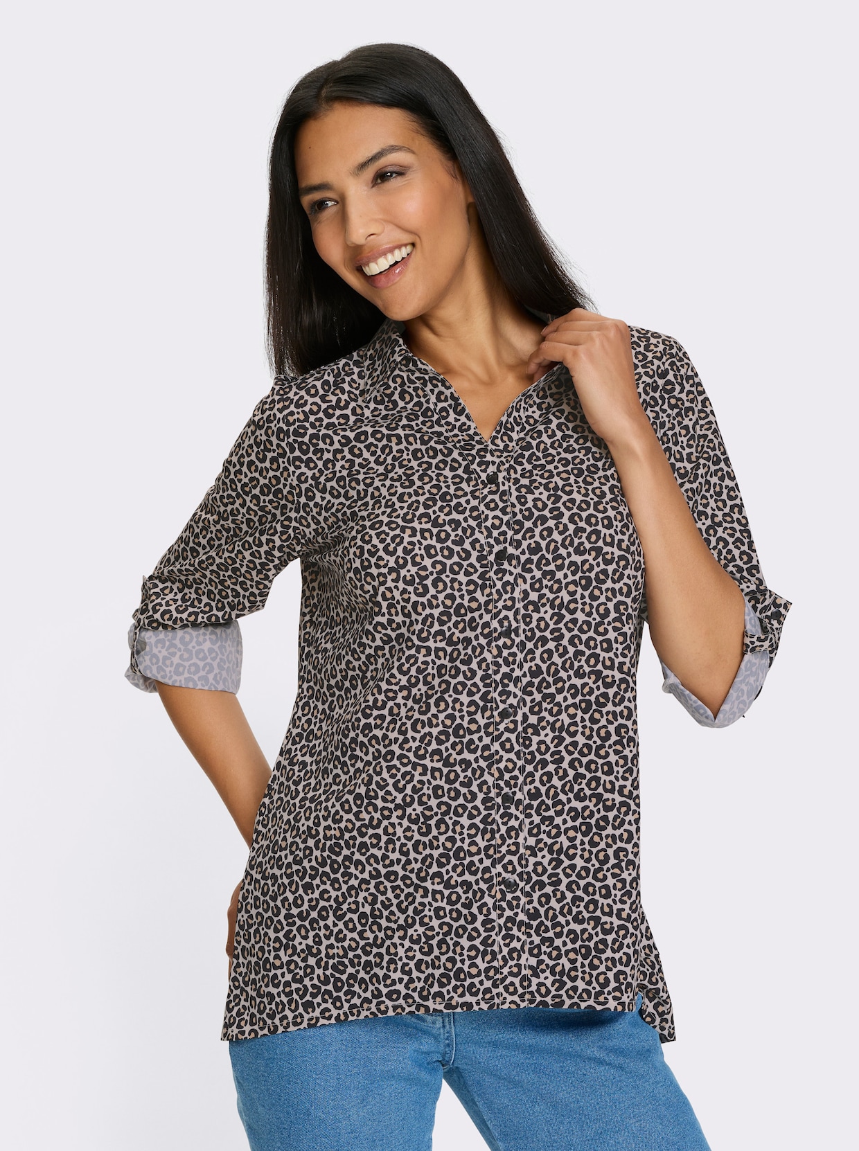 Longbluse - sand-schwarz-bedruckt