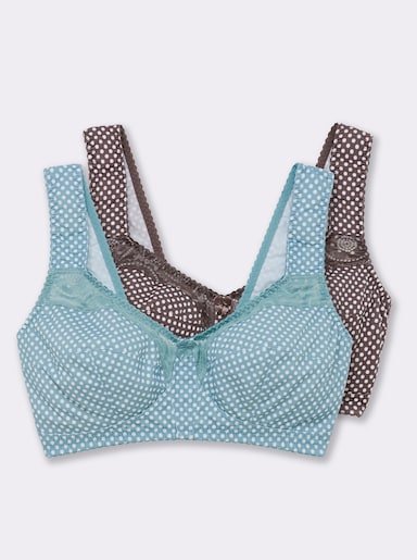 wäschepur Entlastungs-BH ohne Bügel mit elastischer Spitze - petrol-getupft + taupe-getupft