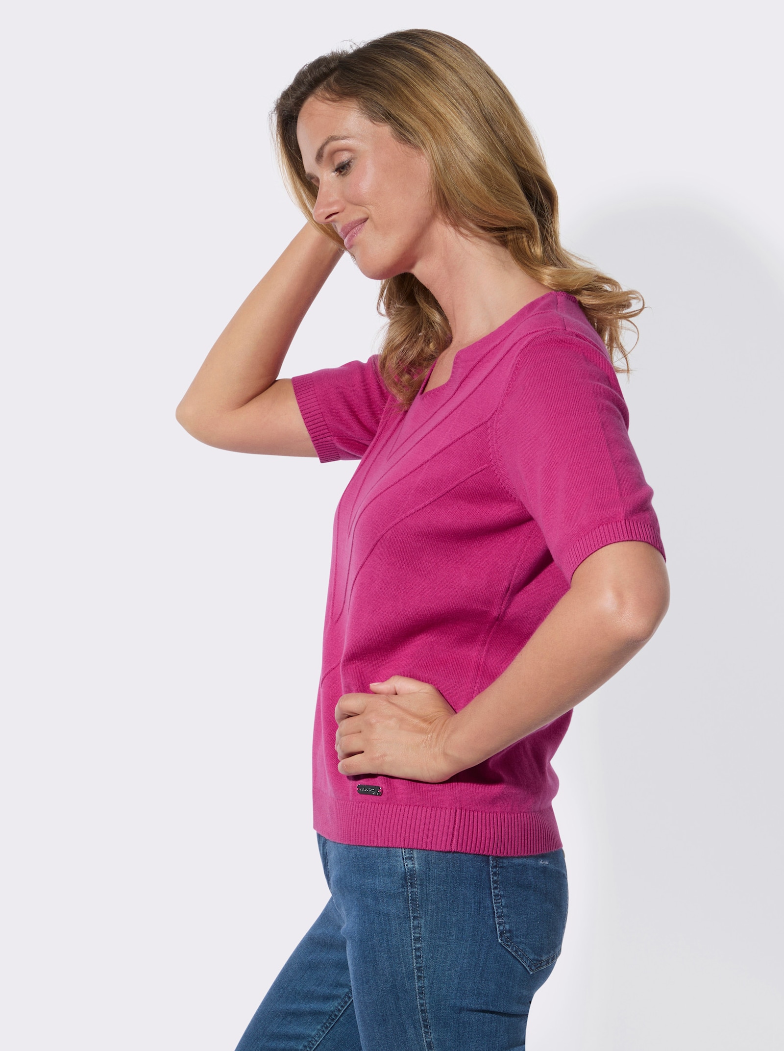 V-Ausschnitt-Pullover mit V-Strukturstrick vorn - fuchsia