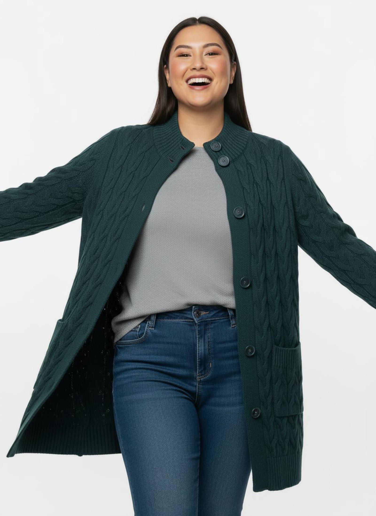 Longstrickjacke mit Zopfmuster - petrol