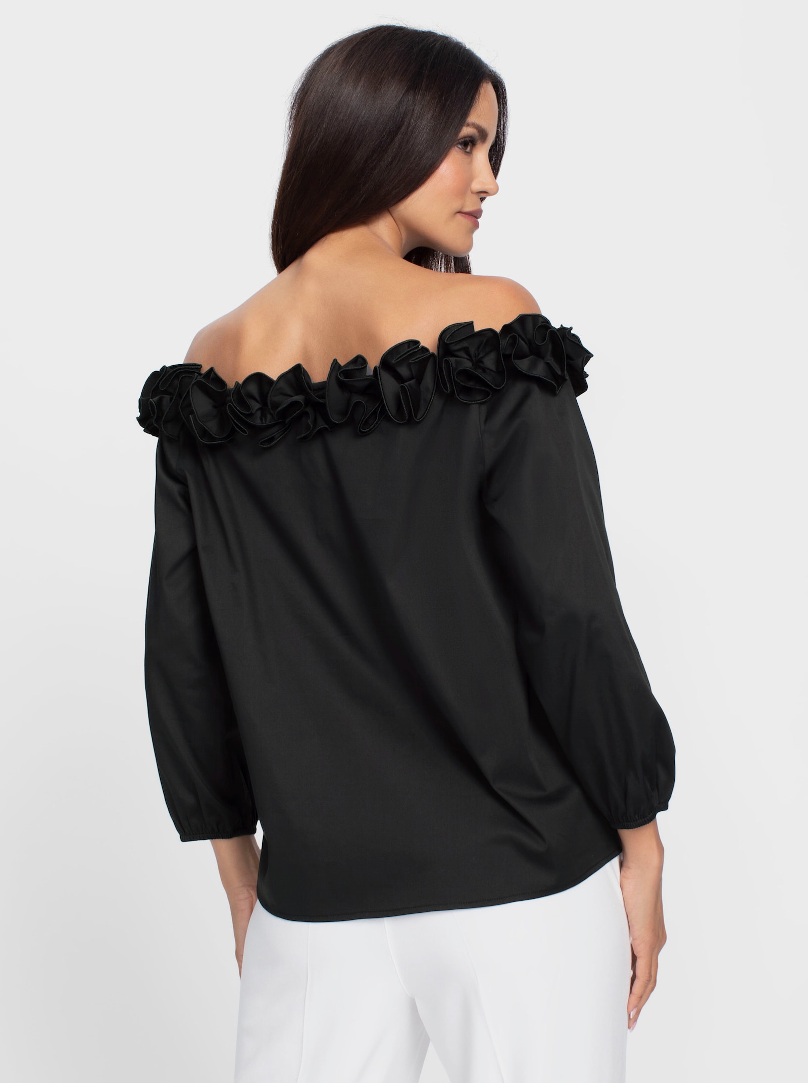 heine Carmenblouse met 3D-bloemen op de hals - zwart