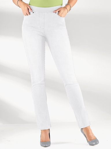 Schlupfjeans mit geripptem Strick-Dehnbund - weiß