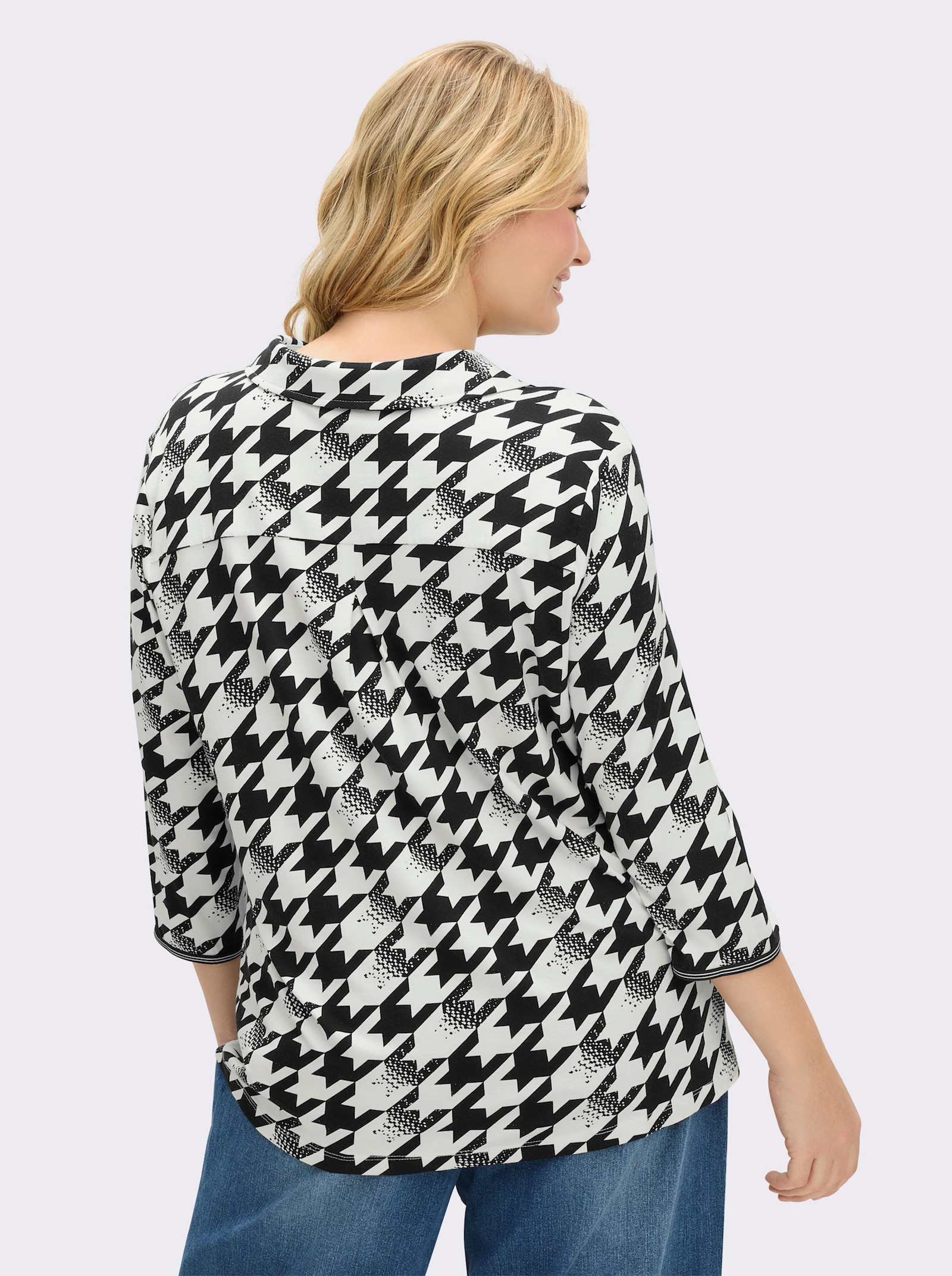 Poloshirt mit 3/4-Ärmeln - schwarz-ecru-bedruckt