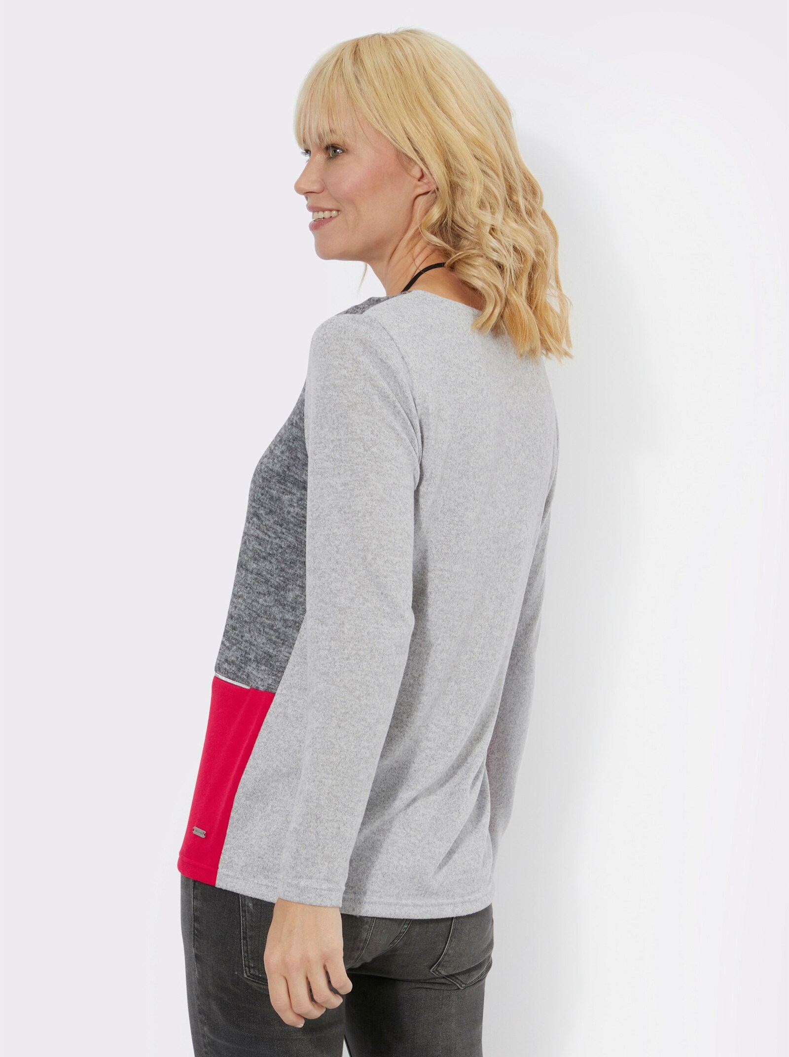 Rundhalspullover in Patch-Optik - rot-grau-gemustert