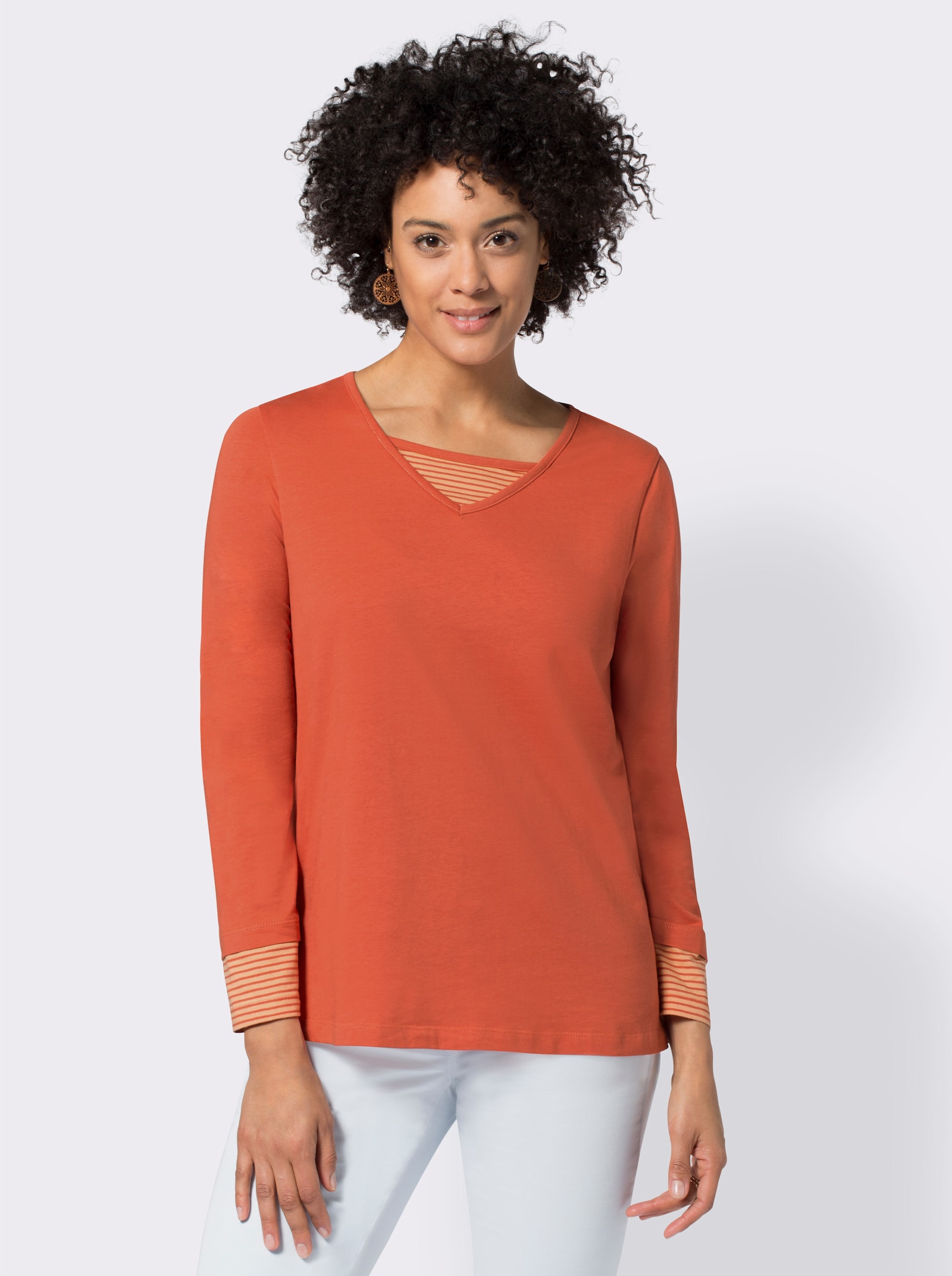 Shirt met lange mouwen en in het garen geverfde strepen - terracotta