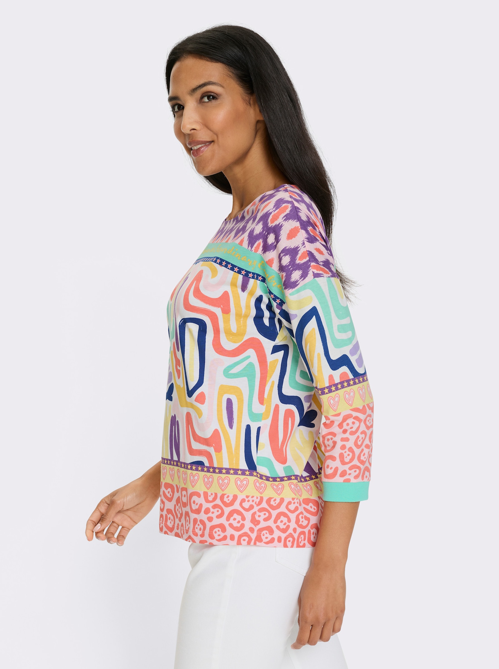 3/4-Arm-Shirt mit Bordüren-Print - weiß-koralle-bedruckt