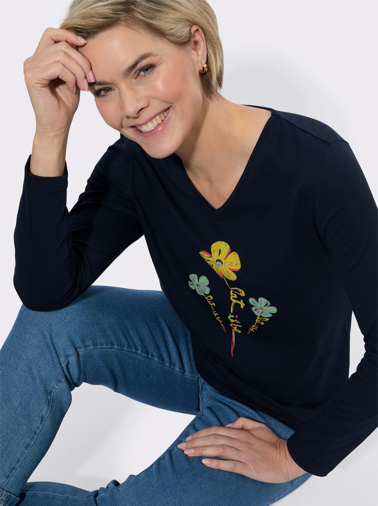 V-Shirt mit floralem Druck - marine