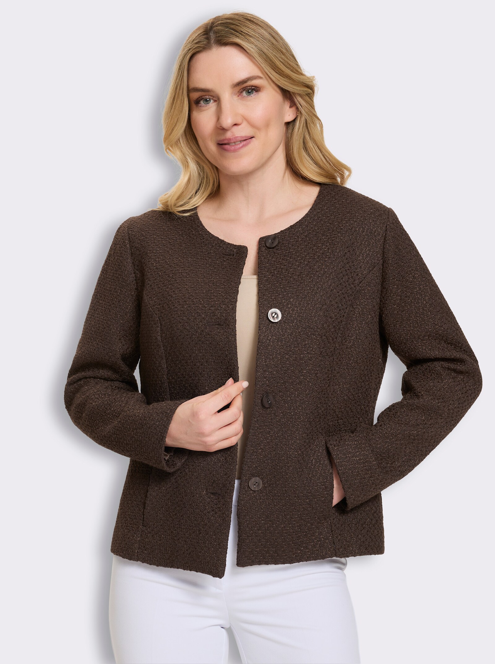 Bouclé-Blazer mit Rundhals-Ausschnitt - schoko