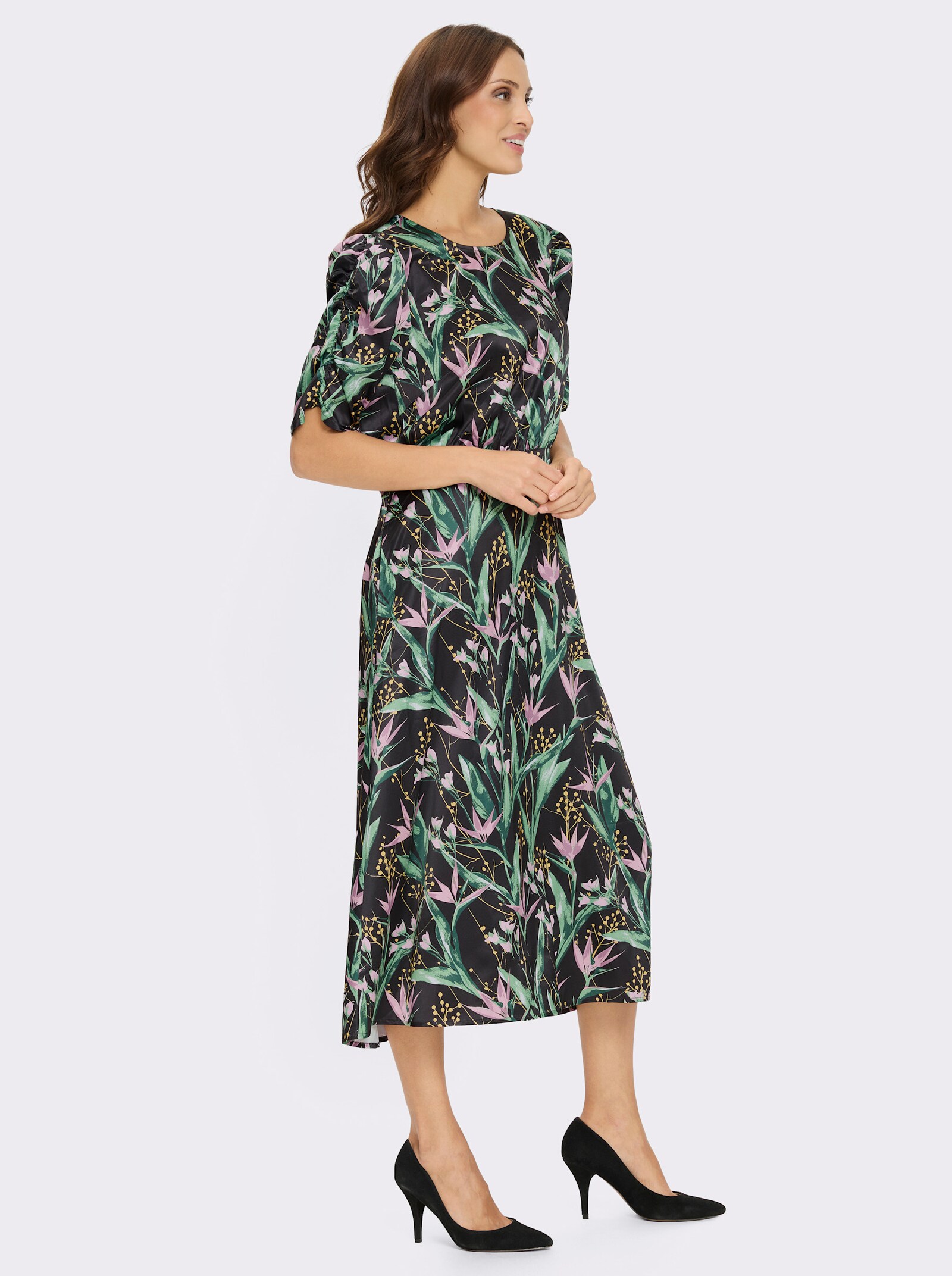 Druckkleid mit Raffungen - schwarz-rosé-bedruckt