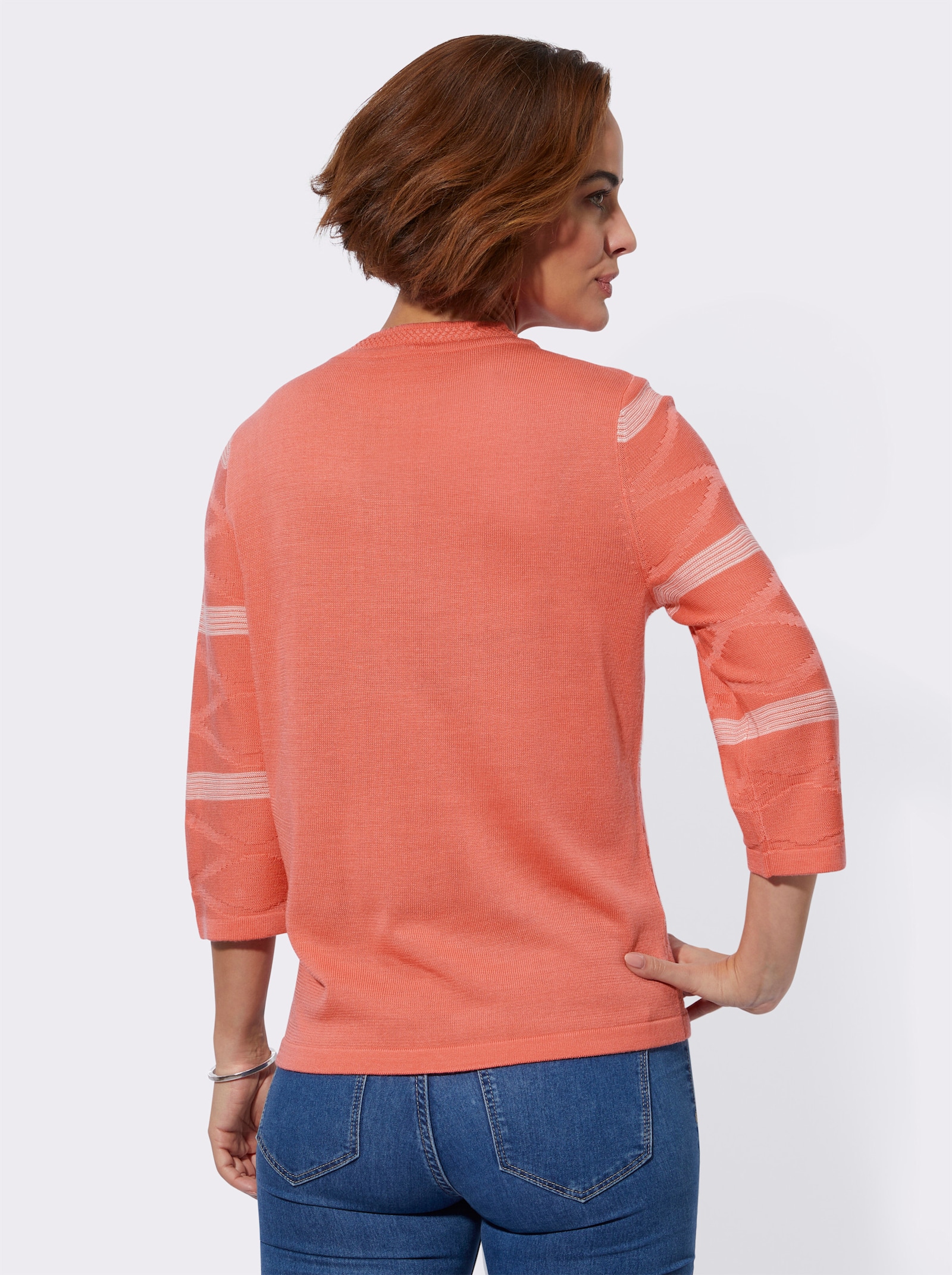 Feinstrickpullover in Linksstrick-Optik - grapefruit-ecru-gemustert