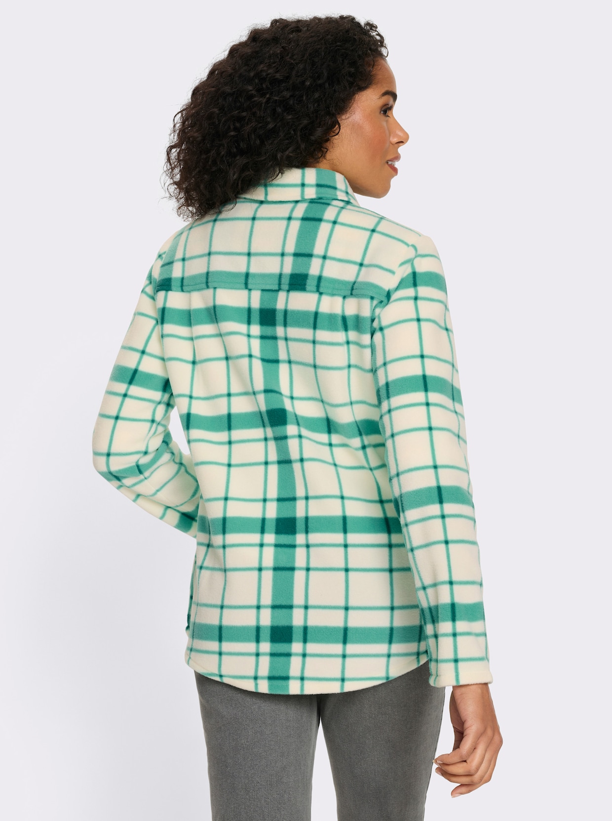 Fleecejacke mit längerem Saum im Rückteil - blaugrün-champagner-kariert