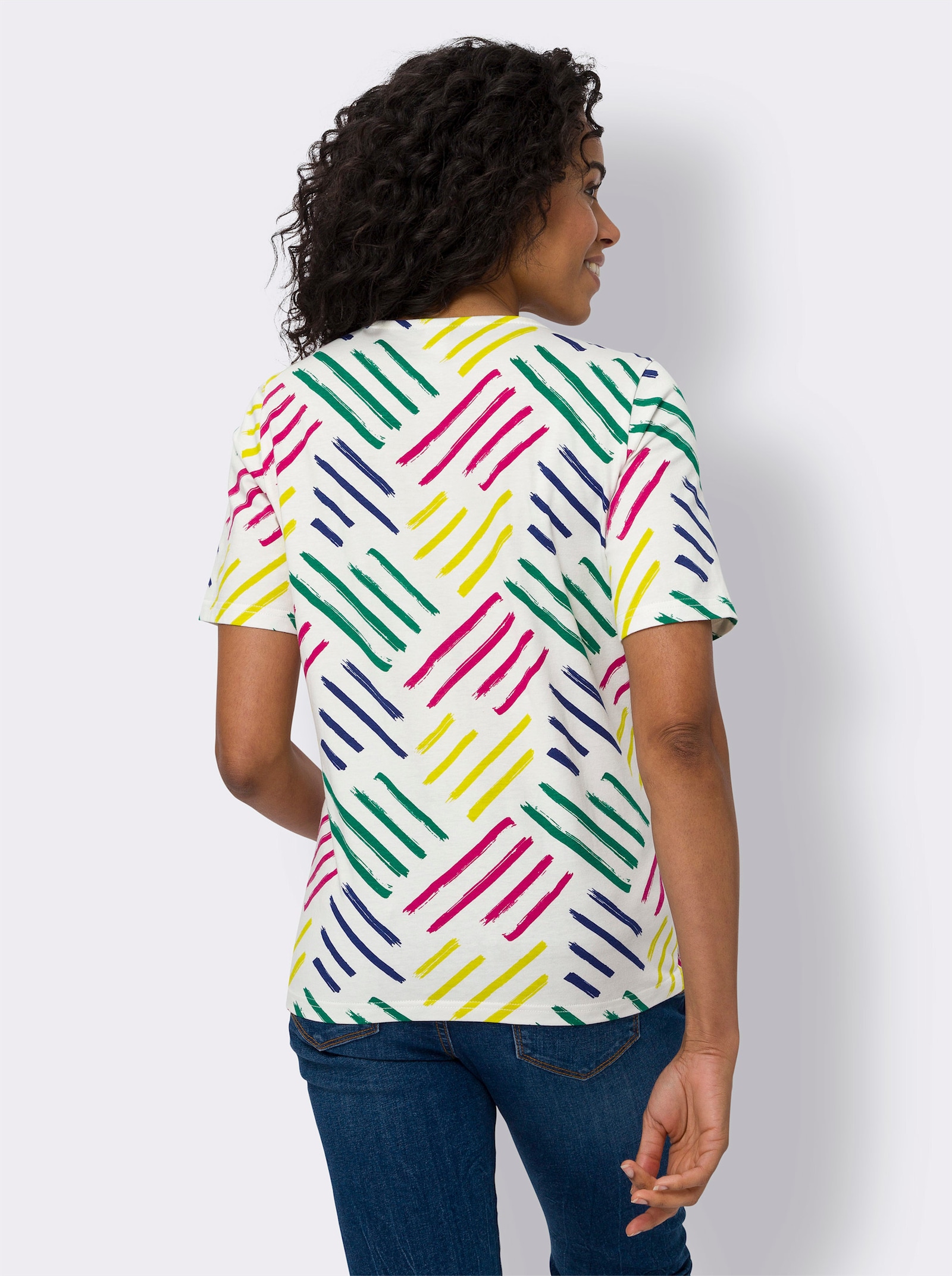 Tričko s krátkým rukávem a potiskem s liniemi - ecru-fuchsiová-potisk