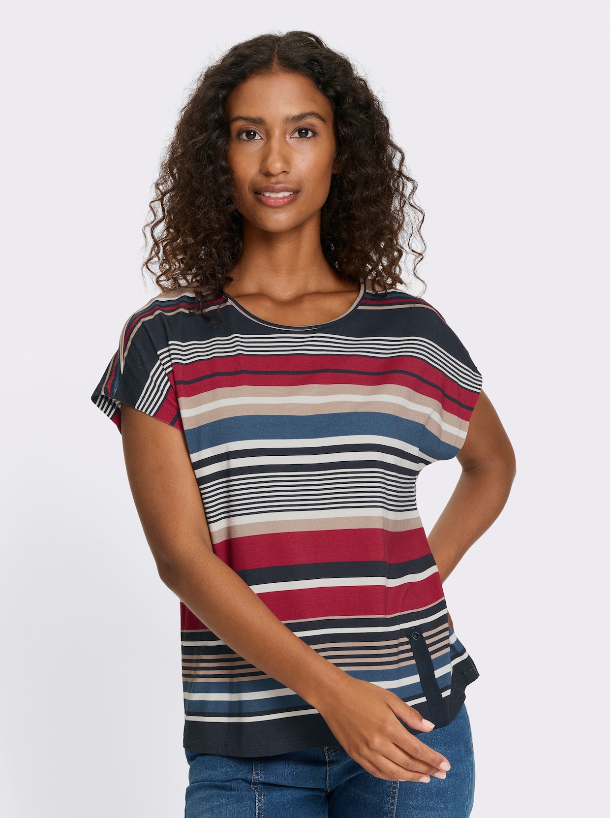 heine Kurzarmshirt - sesam-rot-geringelt