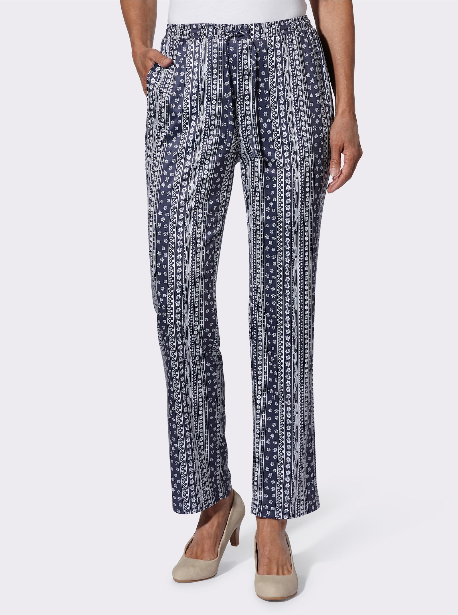 Jerseybroek met bloemdessin - marine/wit gestreept